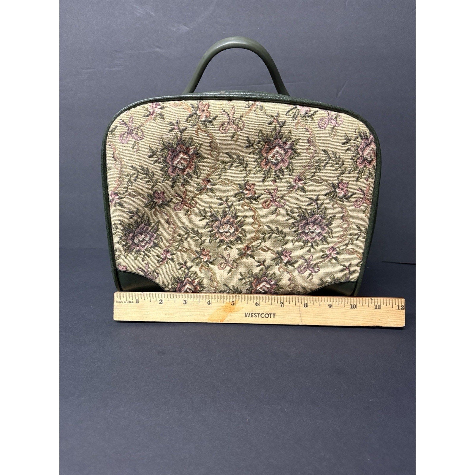 Vintage Floral Tapestry Train Case Cosmetic Bag Green Vanity.