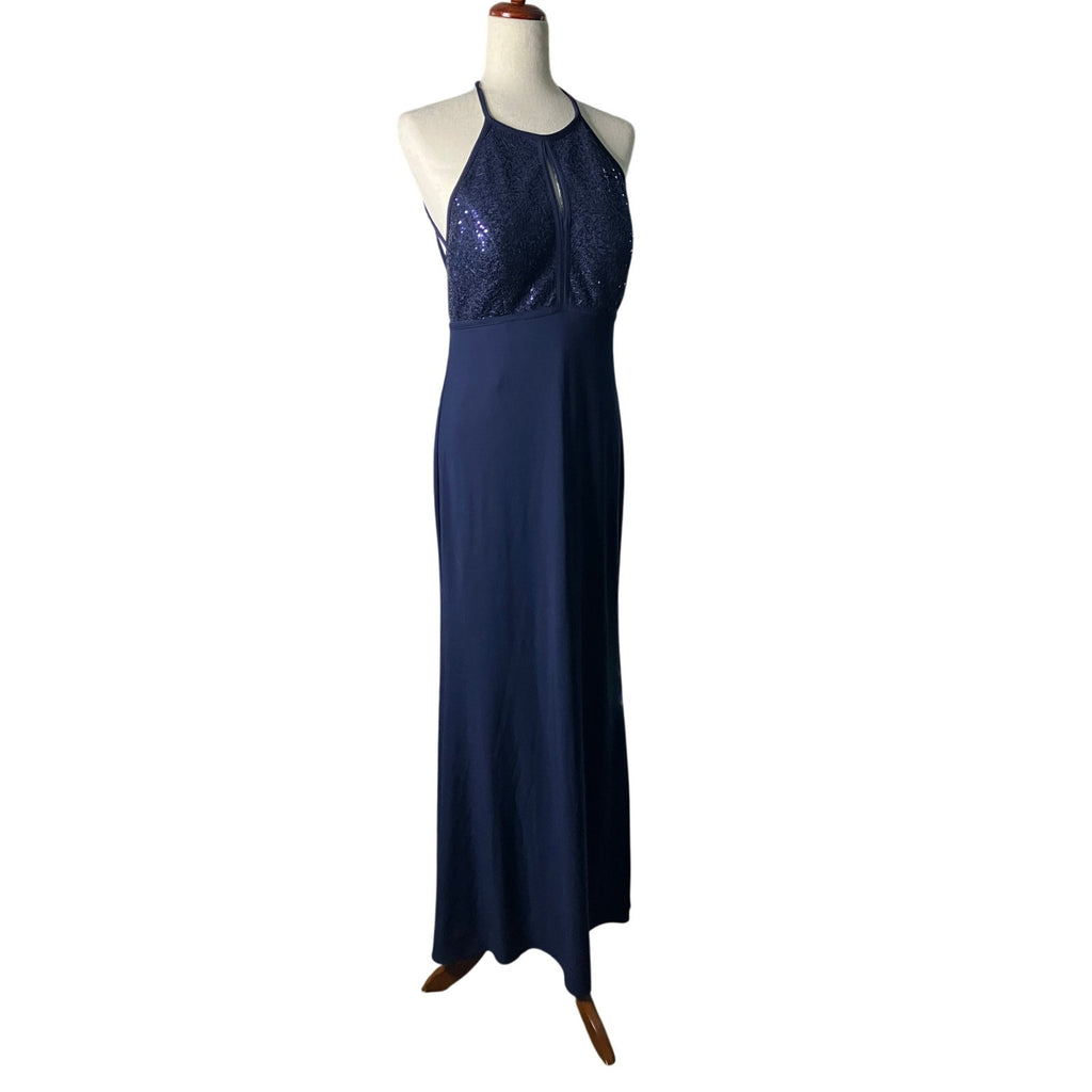 X by Xscape Navy Sequin Halter Keyhole Formal Maxi Gown Size 12