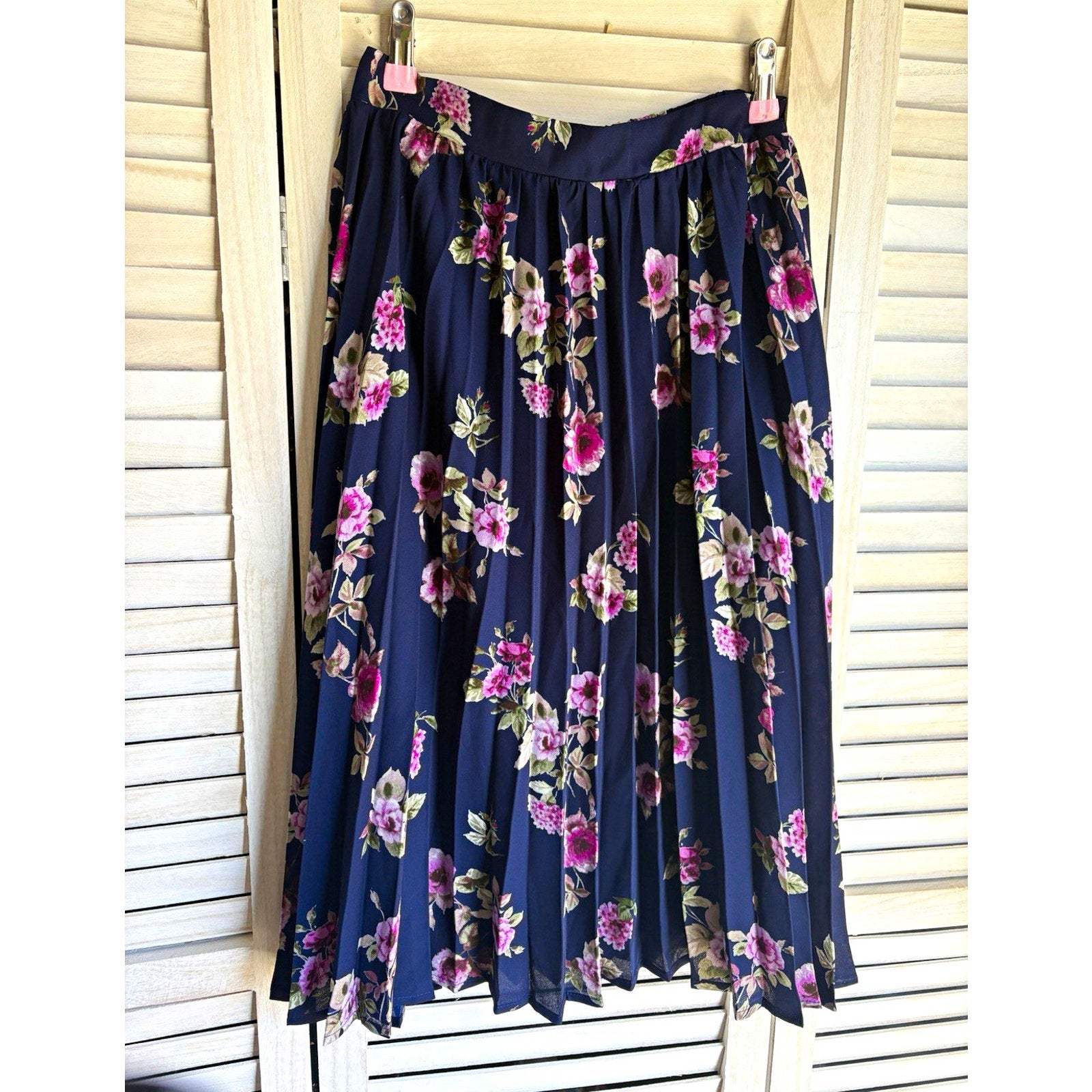 Miami Womens S Blue Pink Green Floral Pleated Chiffon Midi Skirt Pull-On