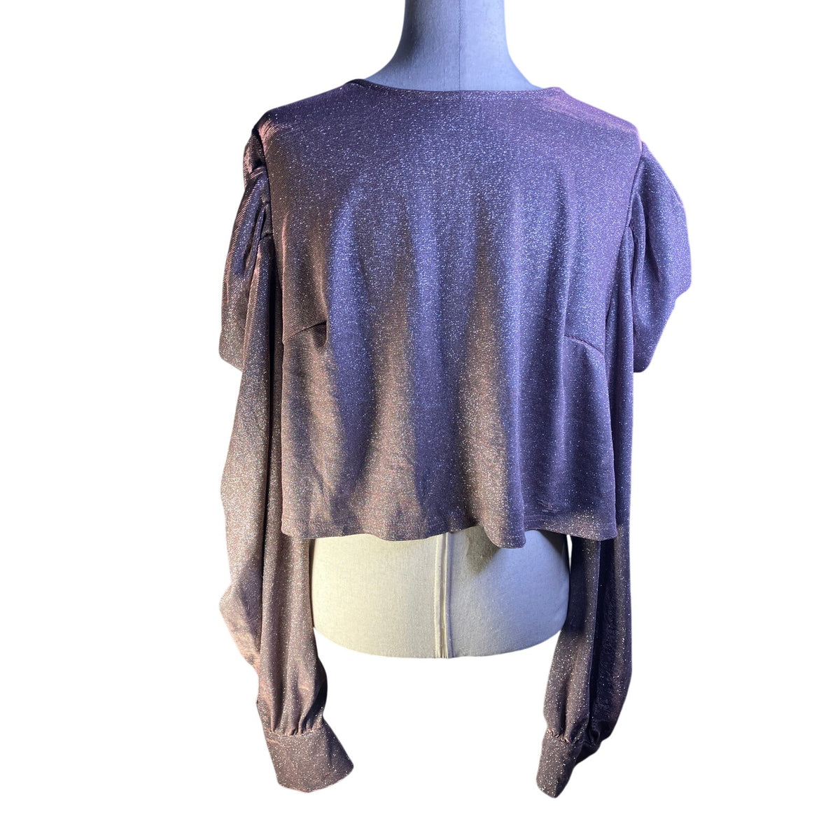 Metallic Mauve Pink Sparkle Ruffle Sleeve Tie Front Crop Top 3XL