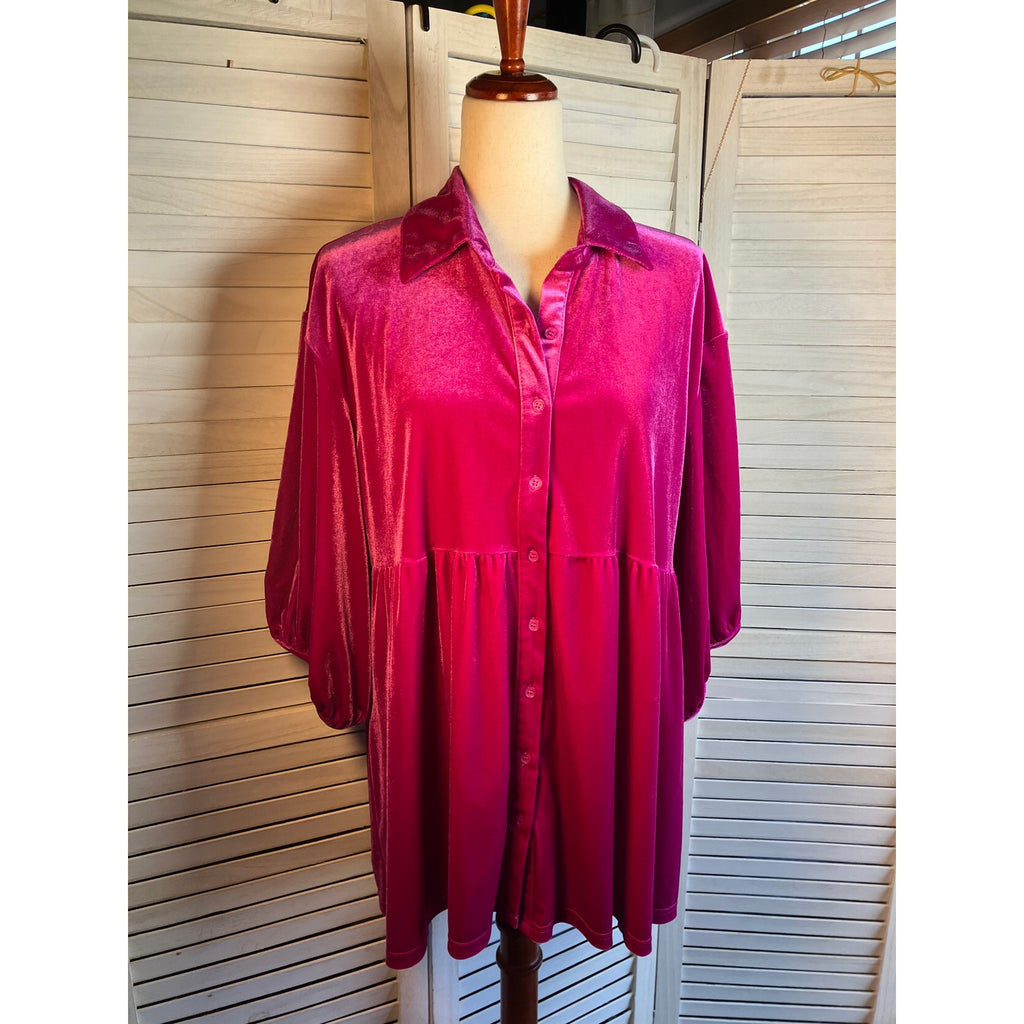 Pink Velour Button Up Blouse 3/4 length sleeves