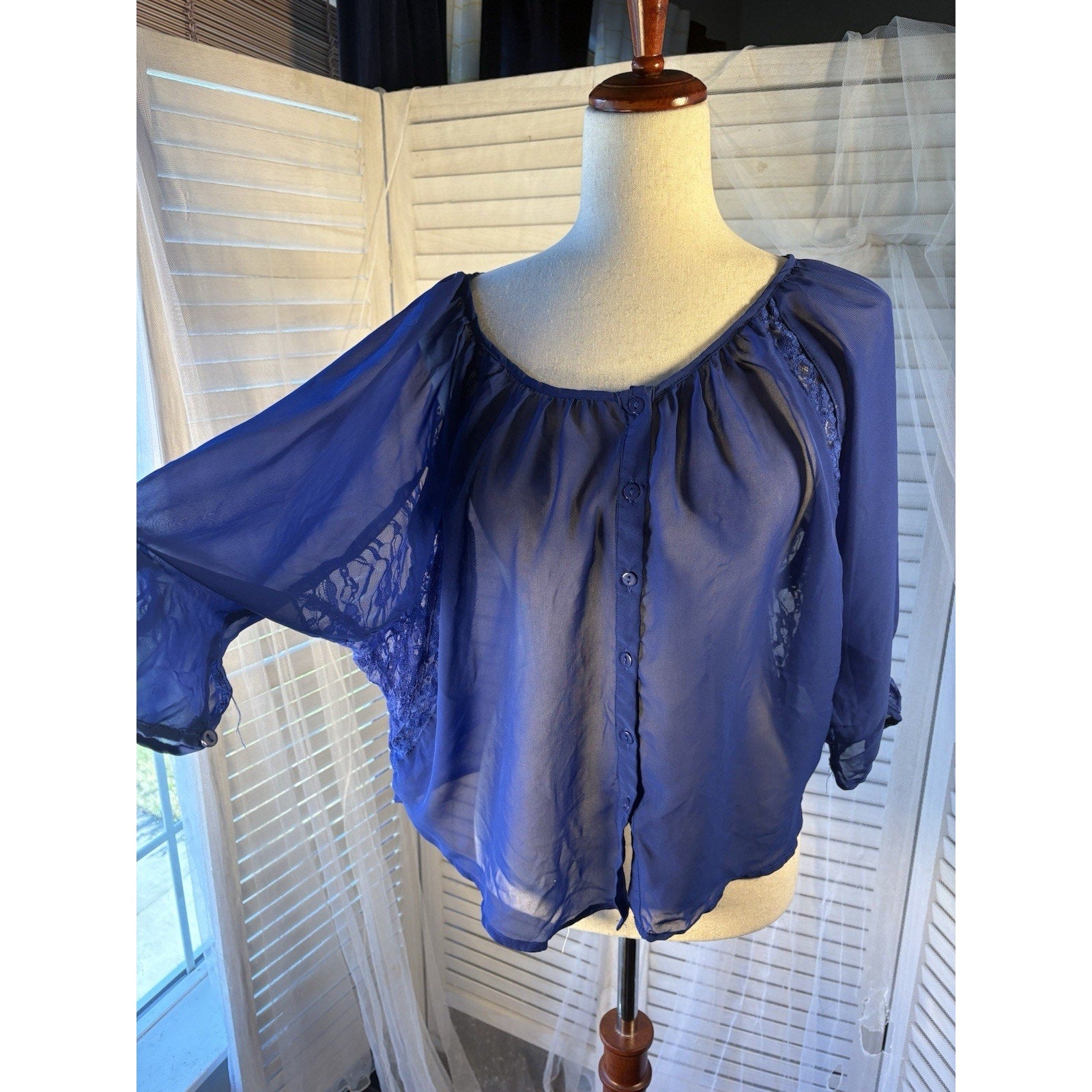 Cotton Express Sheer Chiffon Lace Button-Front Blouse Blue Scoop Neck 3/4 M