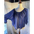 Cotton Express Sheer Chiffon Lace Button-Front Blouse Blue Scoop Neck 3/4 M