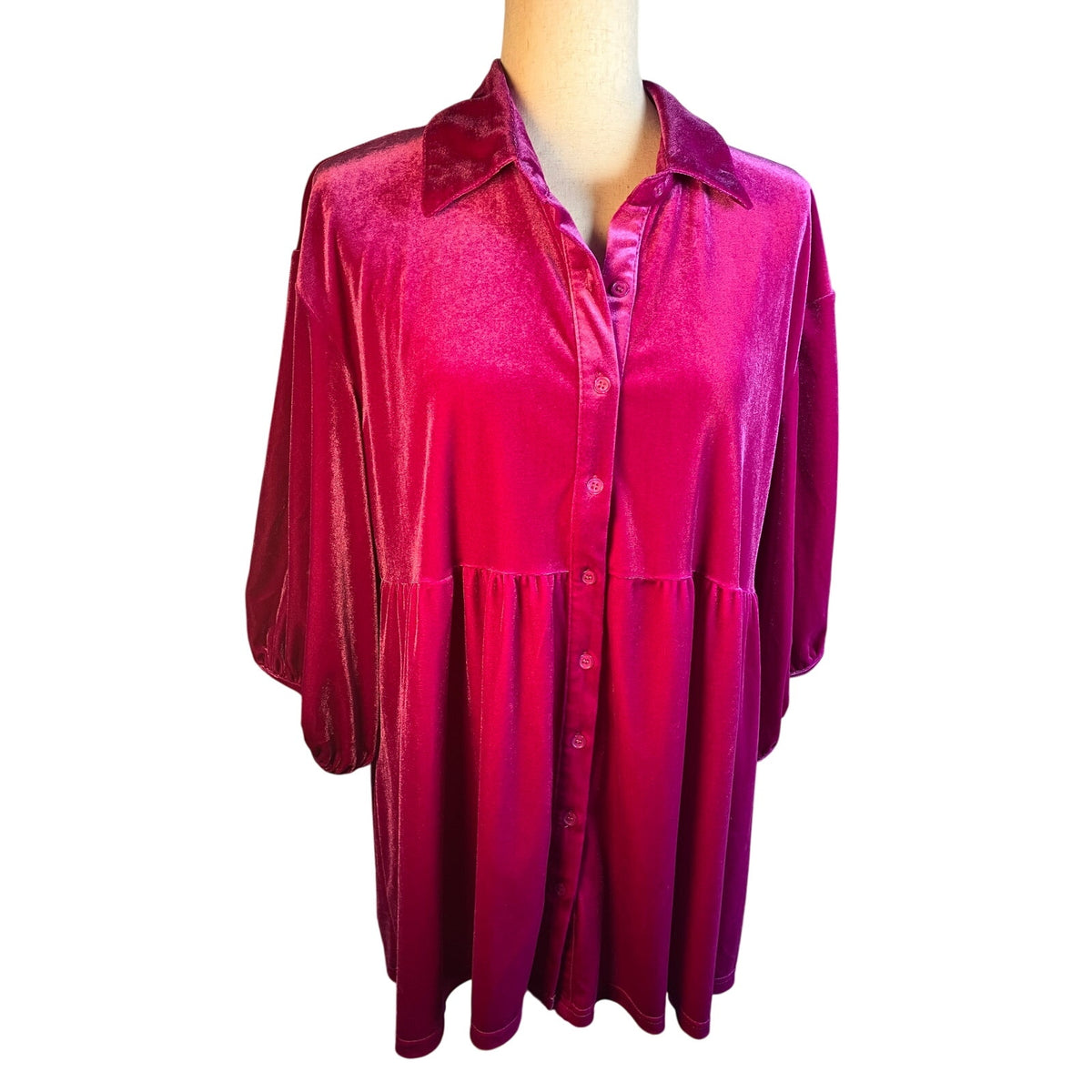 Pink Velour Button Up Blouse 3/4 length sleeves