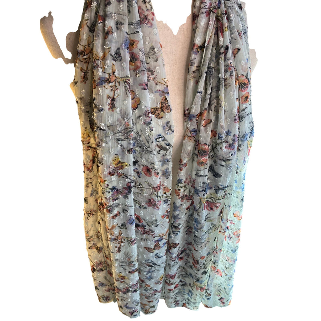 Sheer Sage Floral Butterfly Print Scarf Colorful Tassels Boho Lightweight Wrap