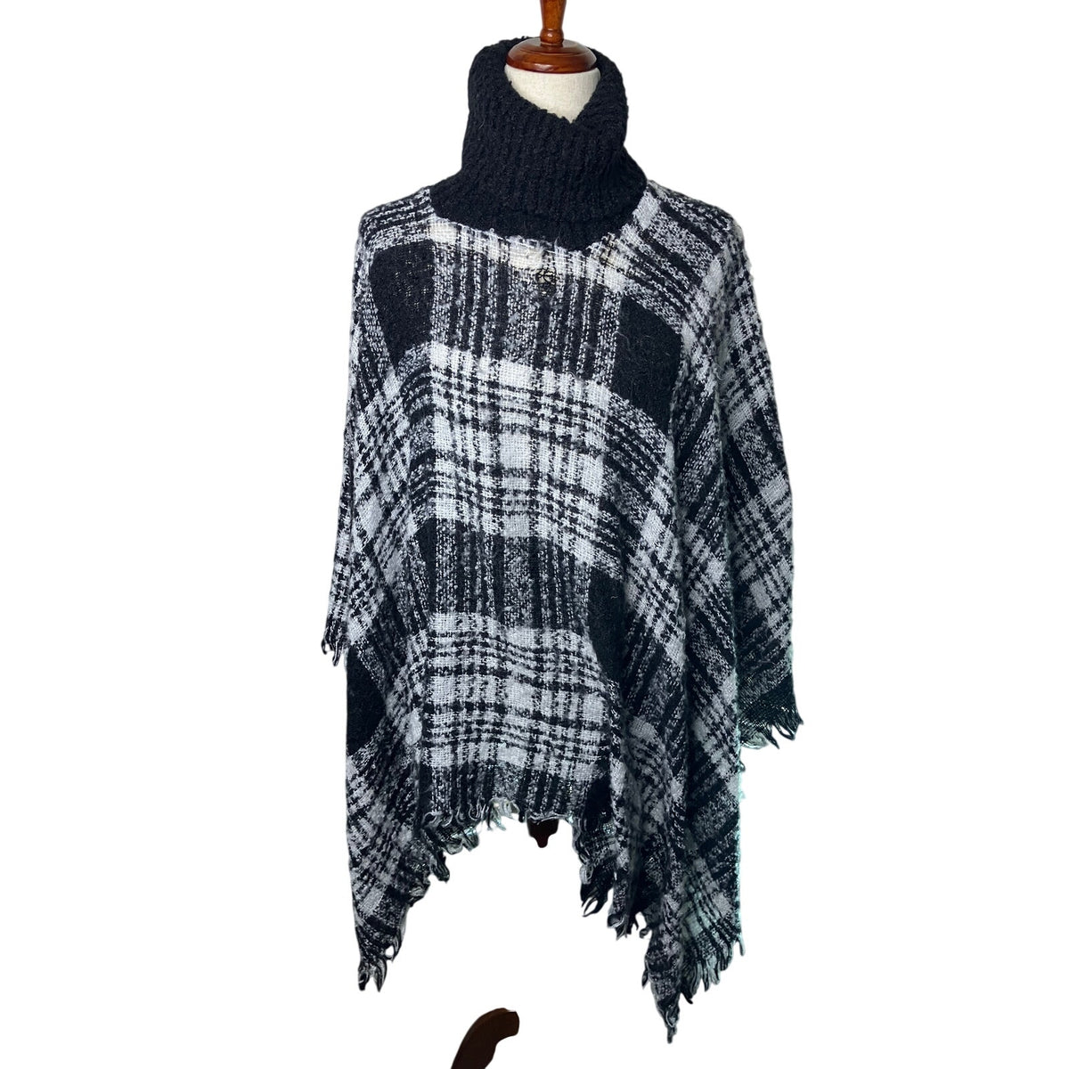 Black White Plaid Turtleneck Poncho Oversized Draped Sweater
