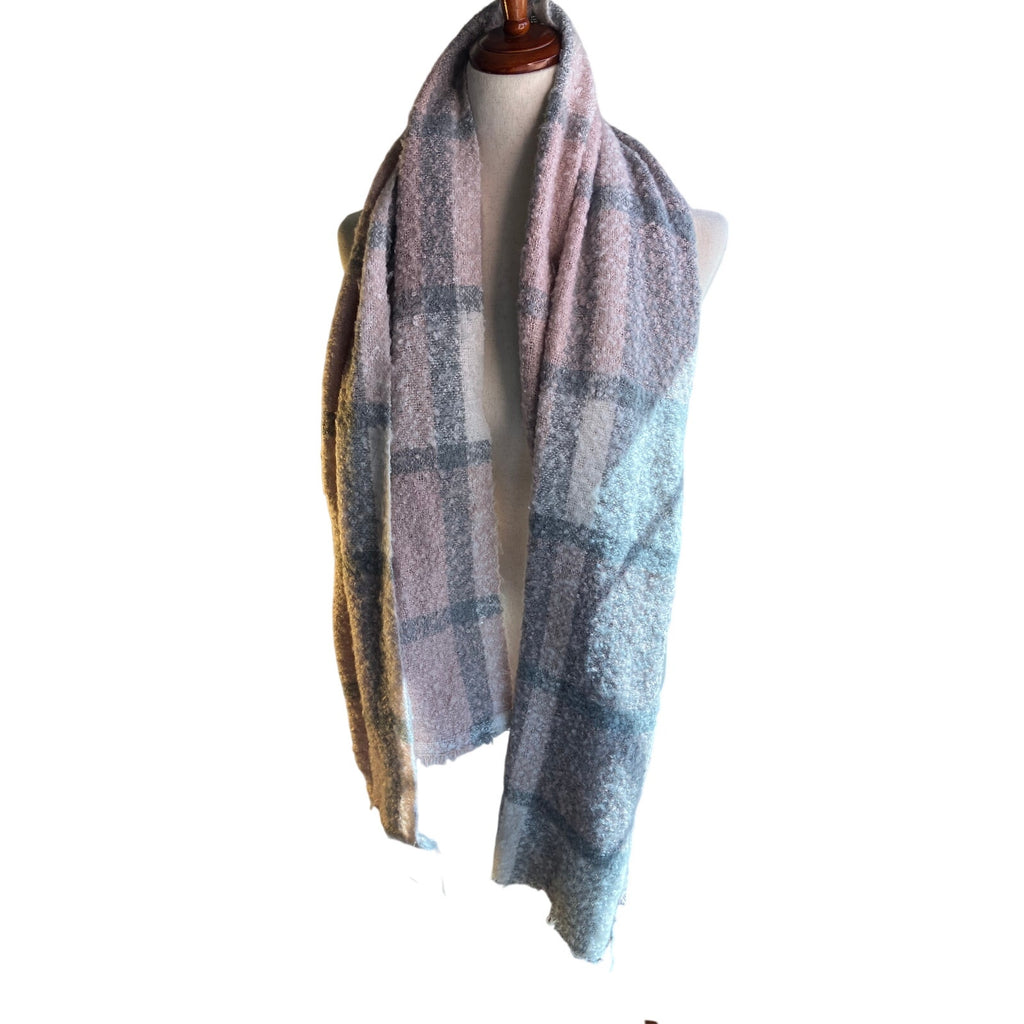 Blush Pink Gray Plaid Oversized Cozy Blanket Scarf Soft Boucle