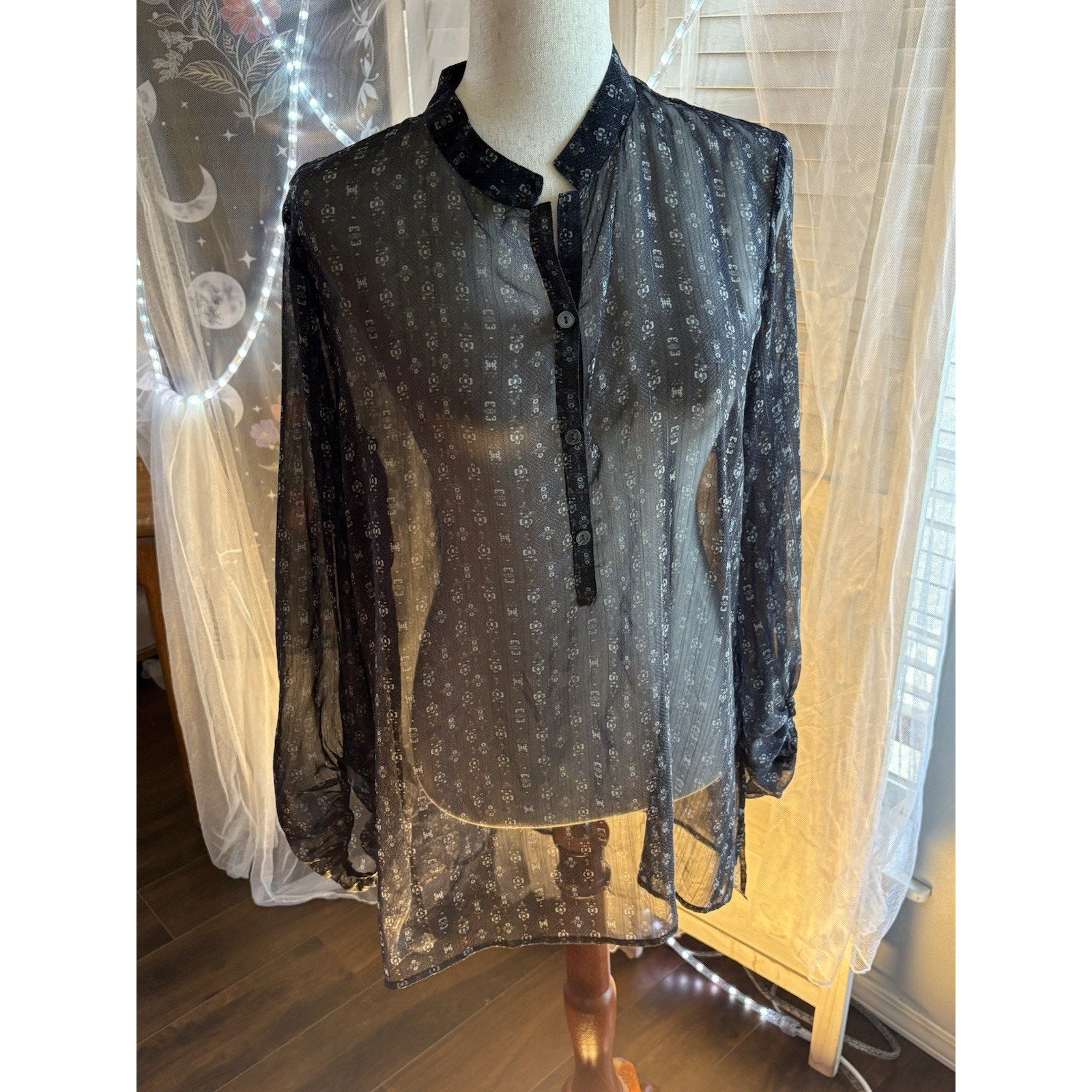 W by Worth Sheer Floral Button Collared Blouse Black Long Sleeve M