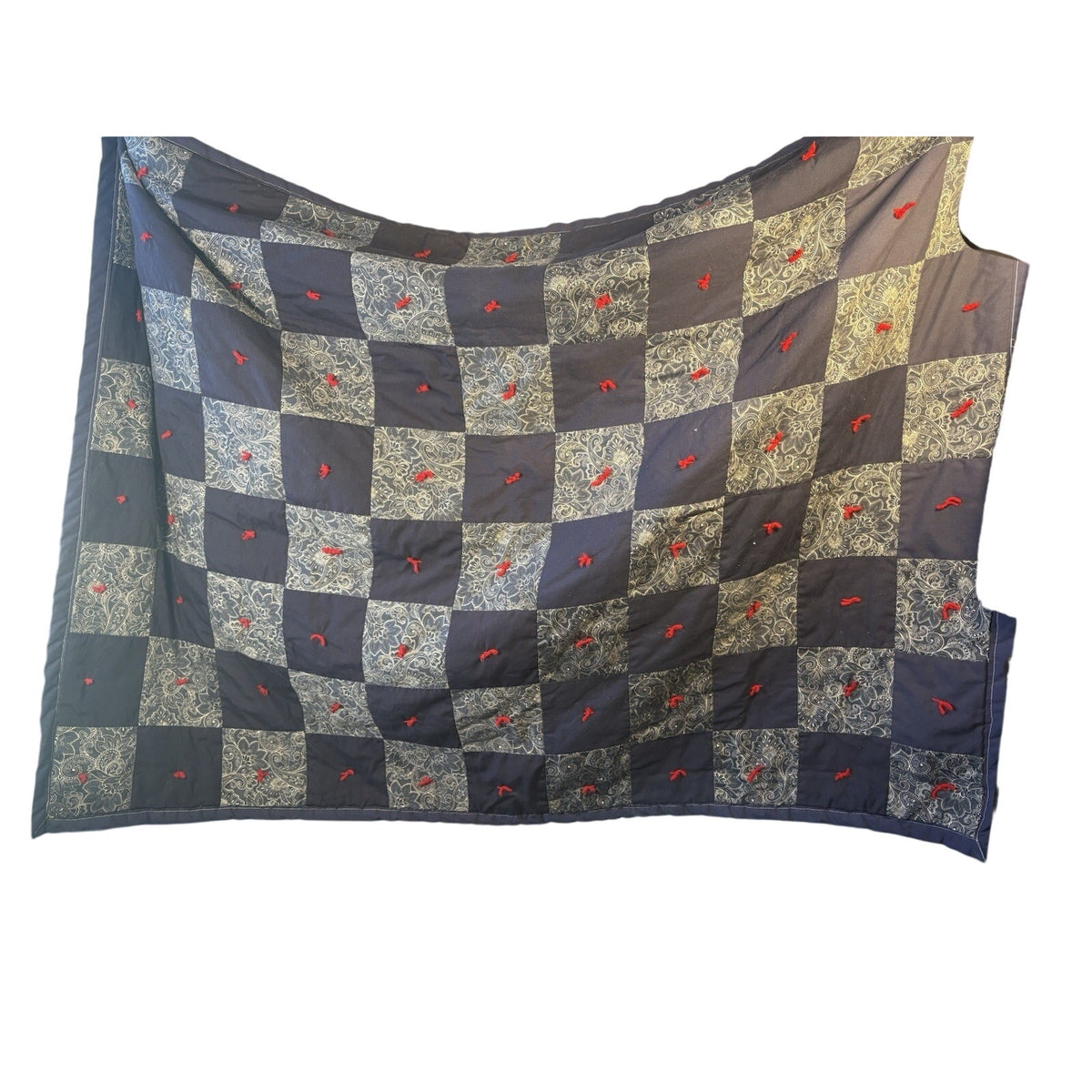 Vintage Patchwork crib Quilt Quilted Country Style Blue Gray Red 100% Cotton Ble