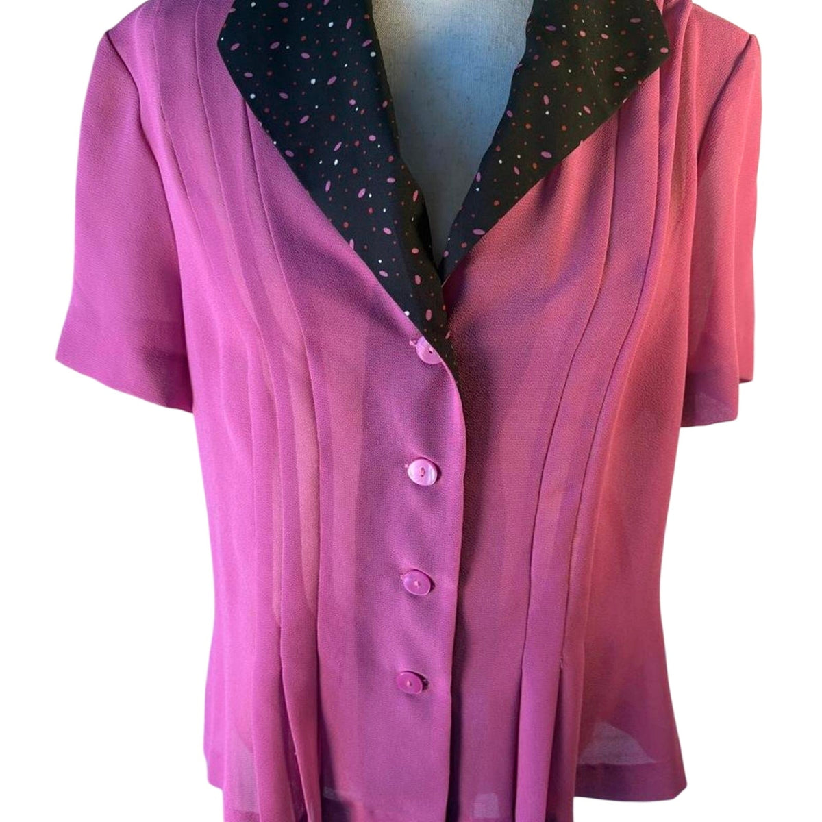 Vintage Danny & Nicole Pink sheer button up blouse black collar pink polka dots