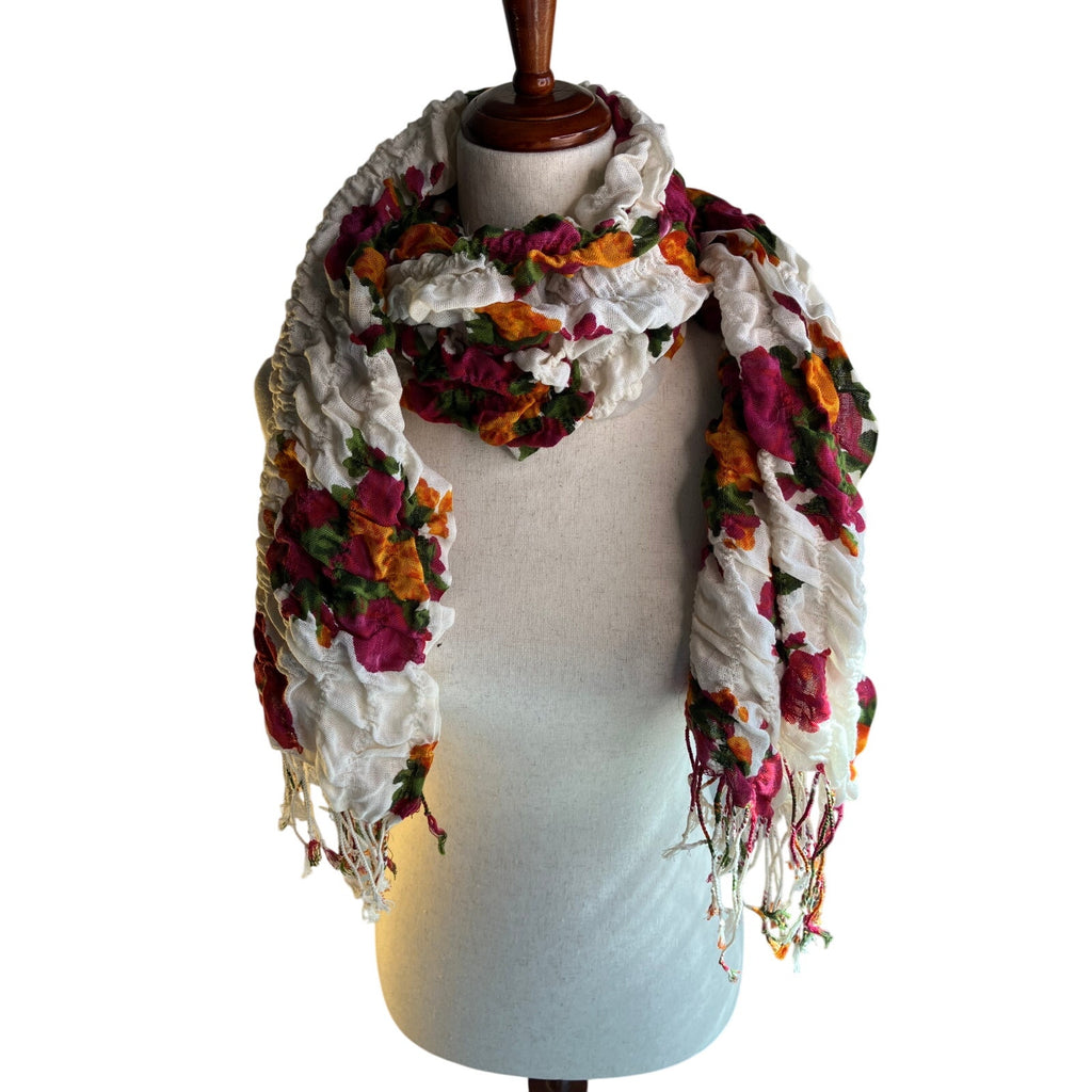 Lightweight semi-sheer scarf in a soft sage/gray-green tone with a delicate multicolor floral