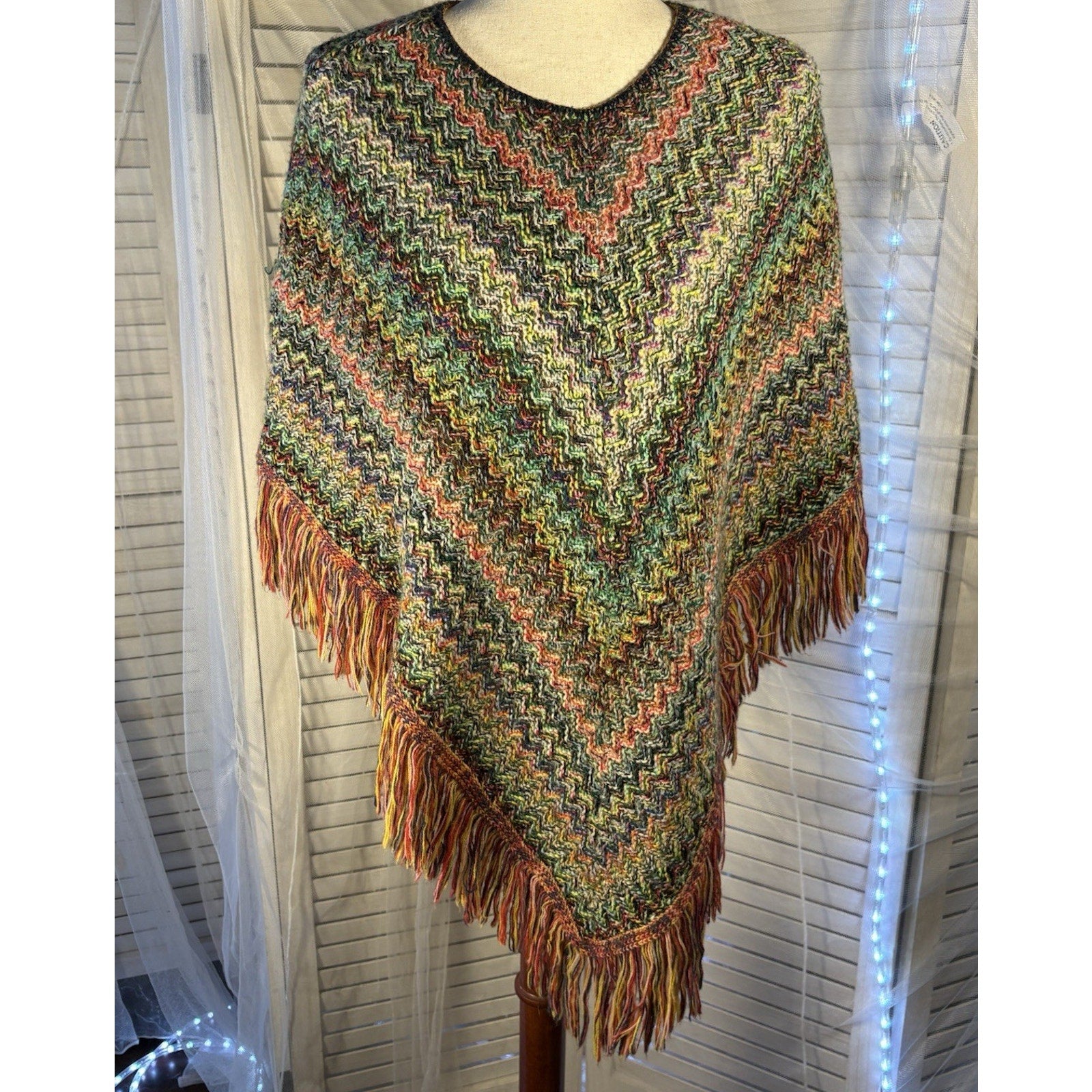 Justin Charles Multicolor Chevron Knit Acrylic Fringe Shawl Wrap