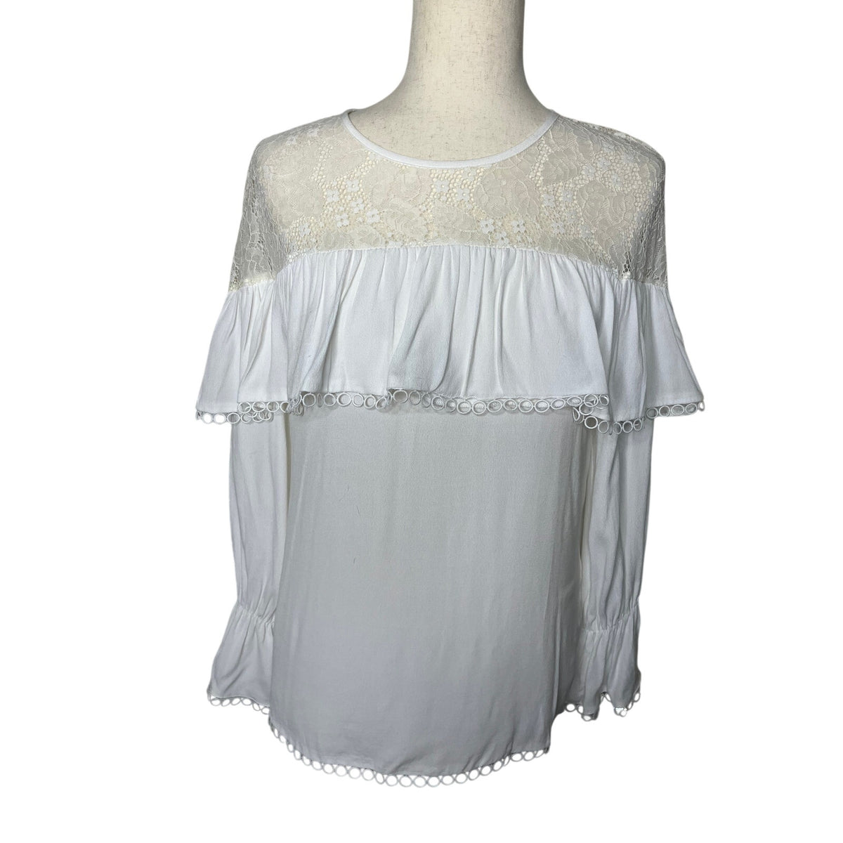 Maxsport Women’s Small White Lace Yoke Ruffle Long Sleeve Blouse. | Small