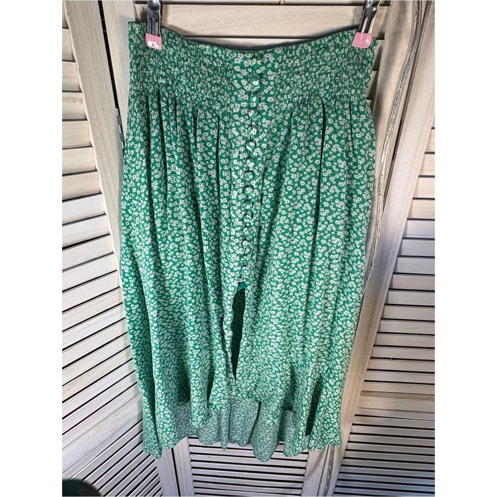 Women's Green Floral High-Low Button Front Skirt Size S