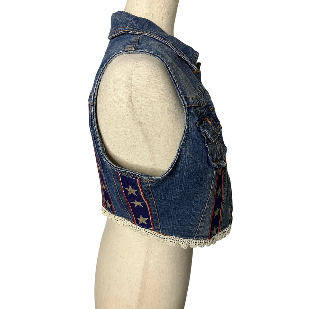 New Look Women’s Medium Denim Vest Star Ribbon Crochet Trim | Size M