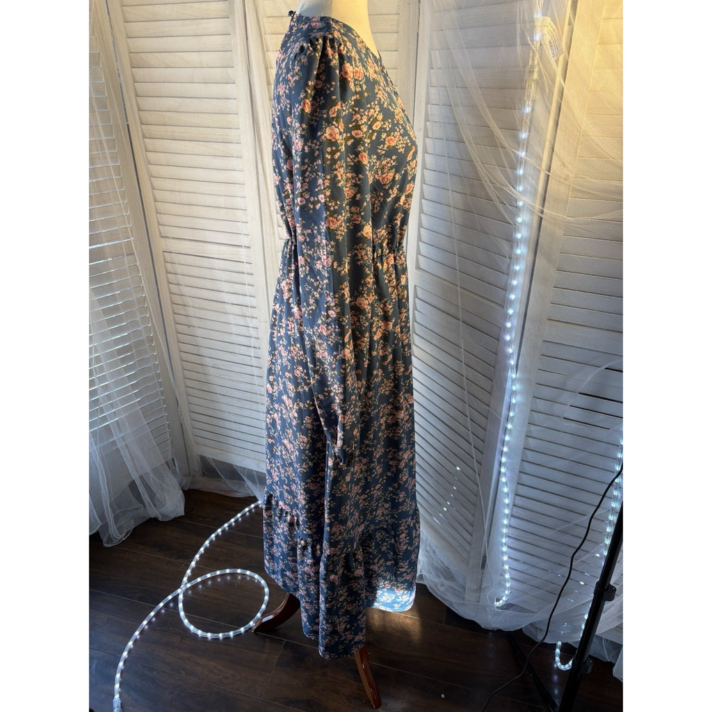 Women’s M Blue Pink Floral Woven Midi Dress Long Sleeve Round Neck Elastic
