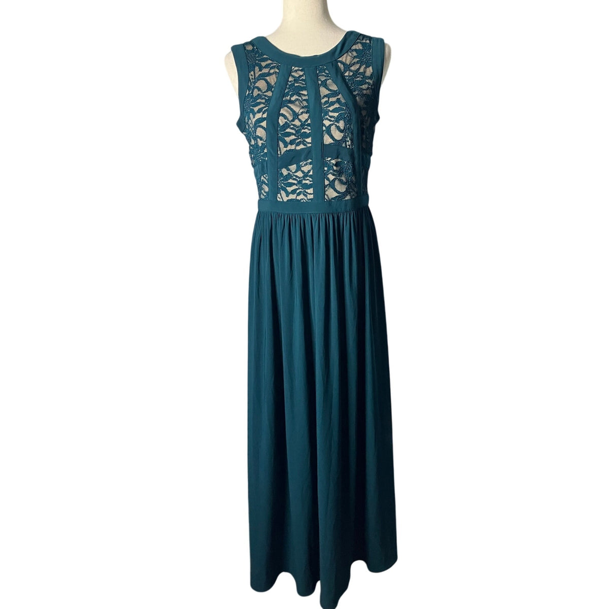 Morgan & Co Teal Floral Lace Sleeveless Formal Maxi Dress Size 11/12