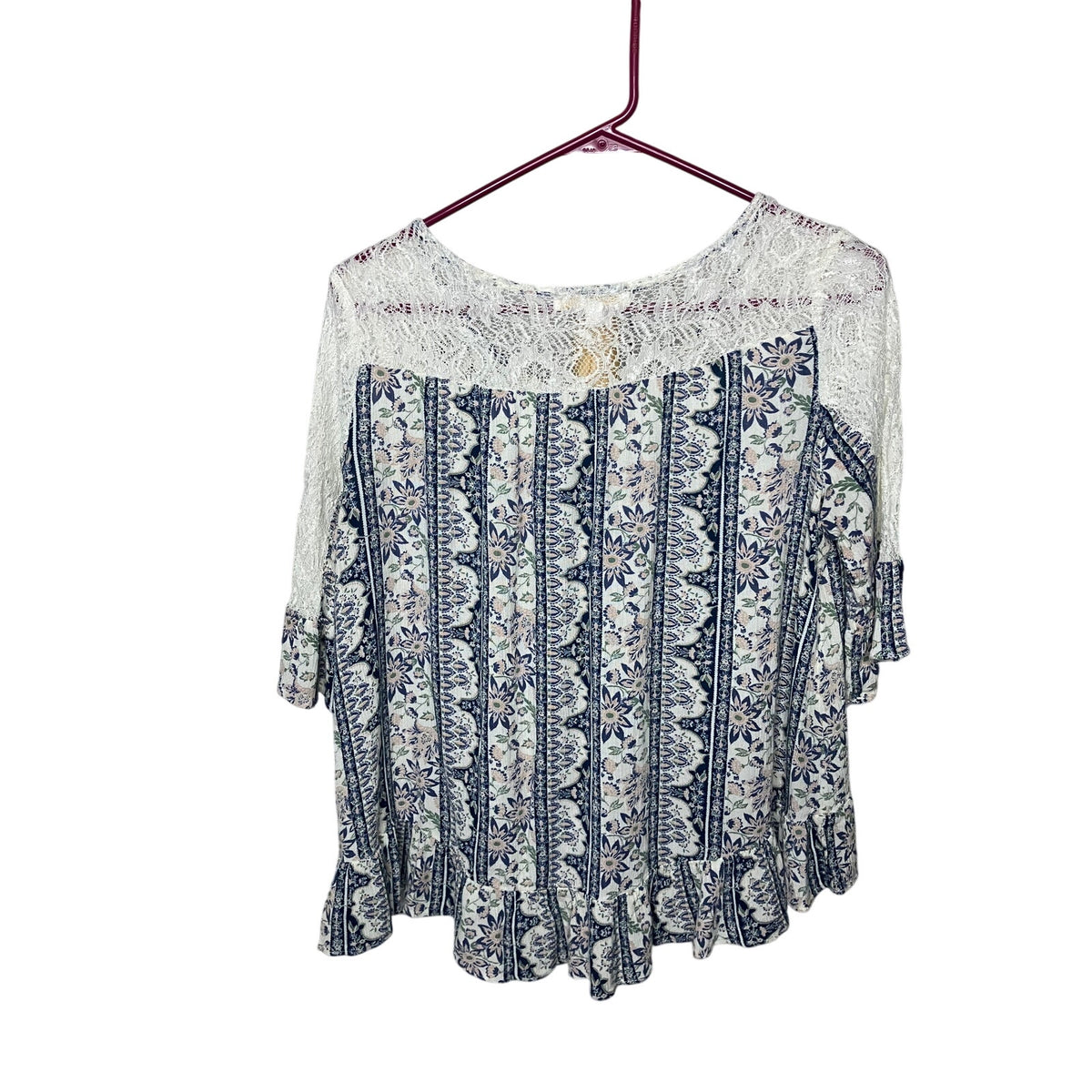 Collection Blue Floral Boho Lace Yoke Ruffle Hem Tunic Top XL