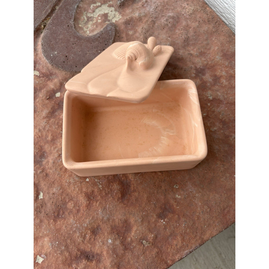 Vintage Dina Terracotta Trinket Box w/ Seashell Lid, Pink Seashell & Rope Lidded