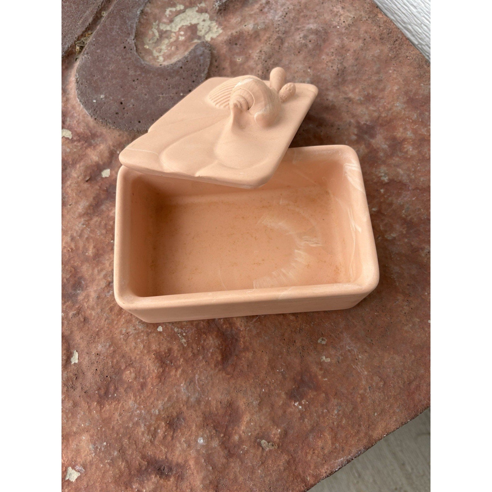 Vintage Dina Terracotta Trinket Box w/ Seashell Lid, Pink Seashell & Rope Lidded