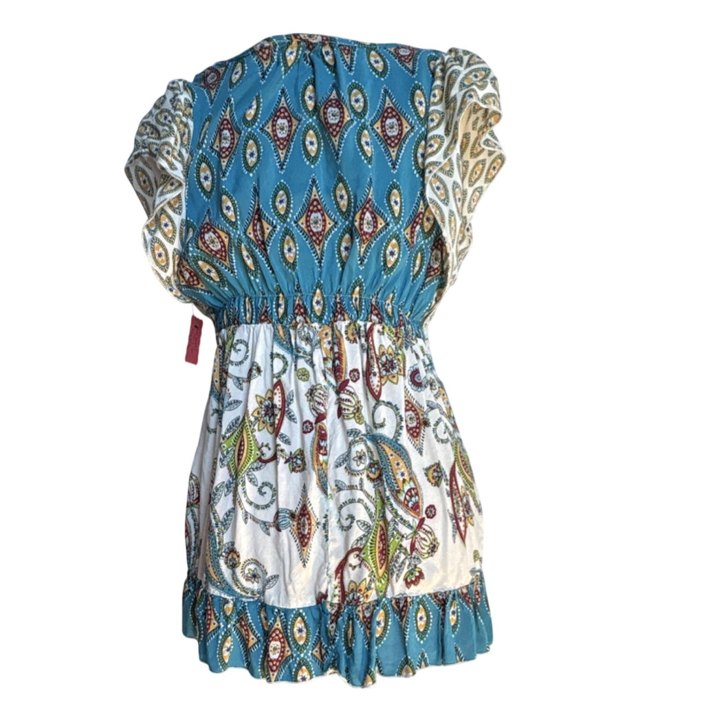 One World Live And Let Live Blue Paisley Embroidered Tunic Blouse Rayon M