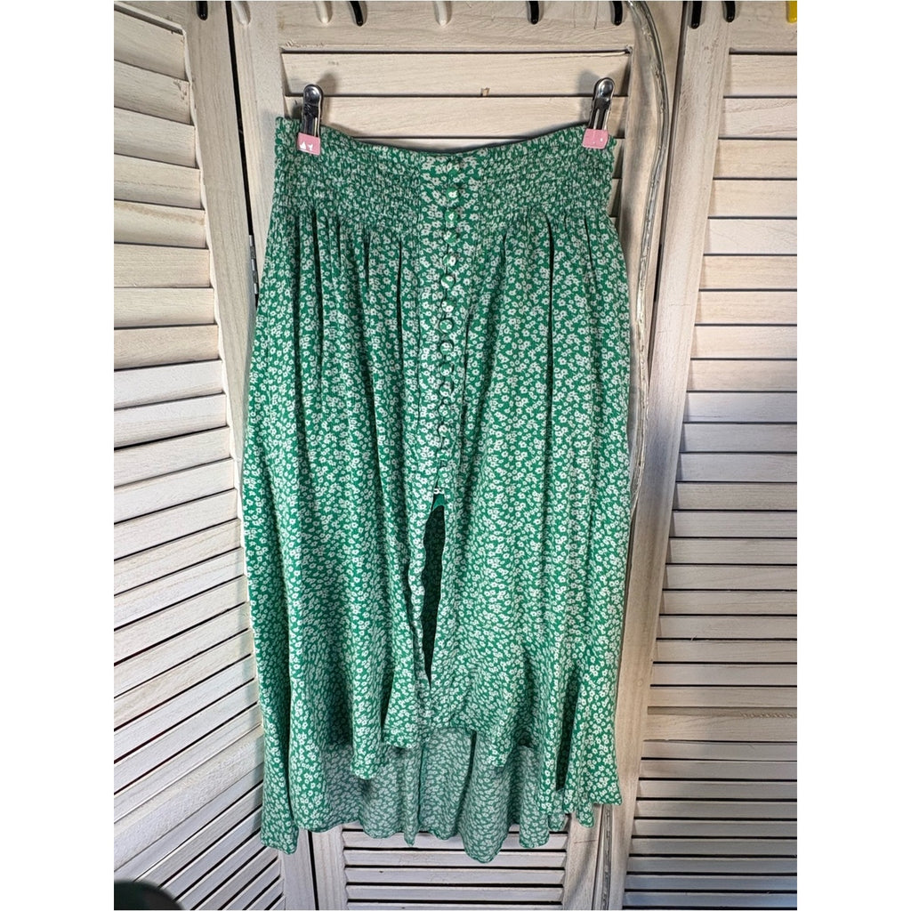 Women's Green Floral High-Low Button Front Skirt Size S