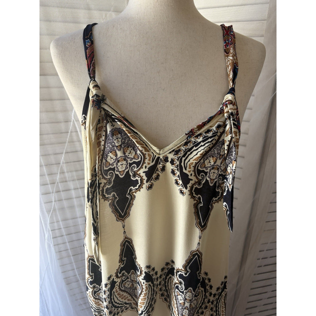 Women’s M Paisley Slip Dress Beige Black Blue Orange V-Neck Strappy Knee