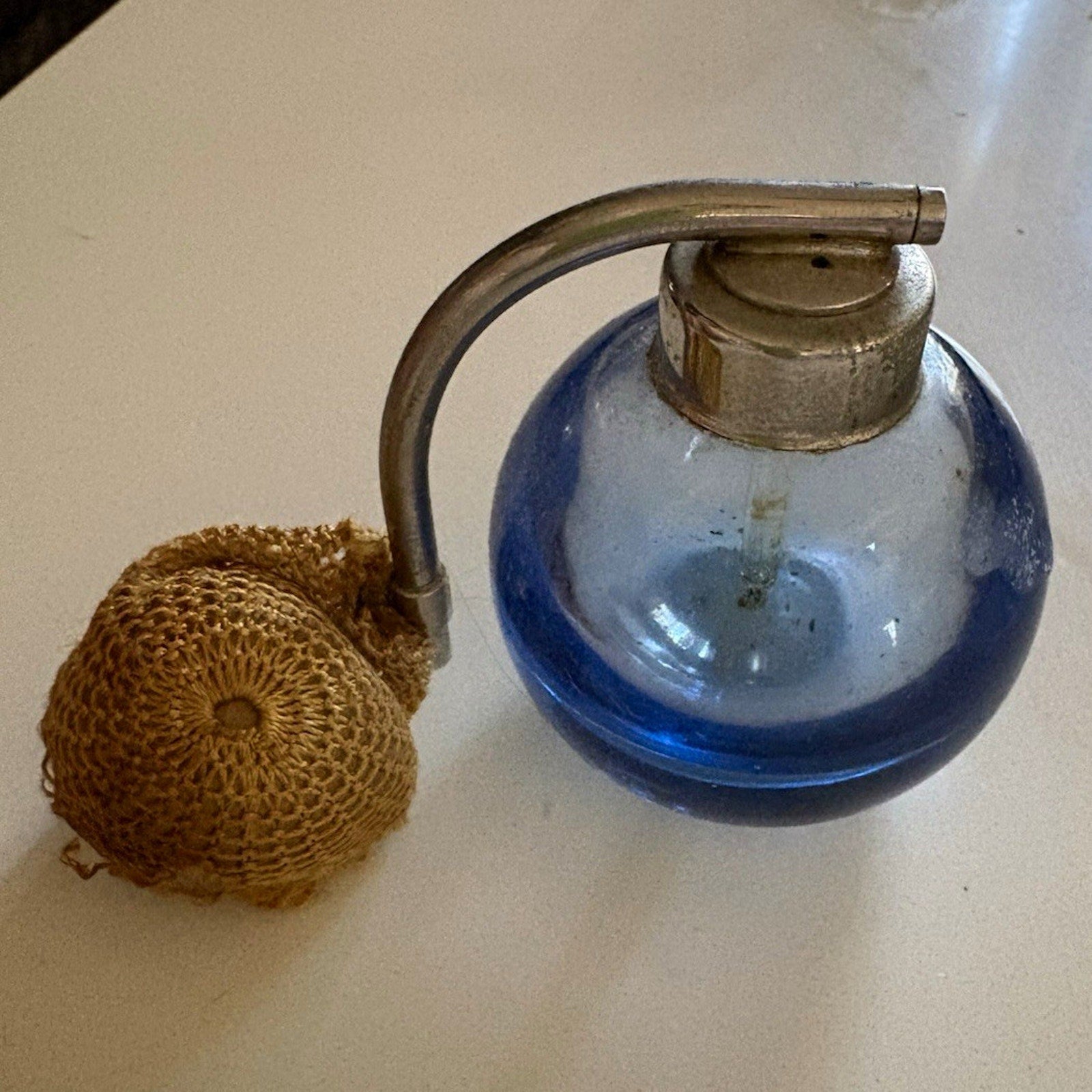 Blue Glass Perfume Atomizer Bottle w/ Metal Sprayer & Mesh Squeeze Bulb