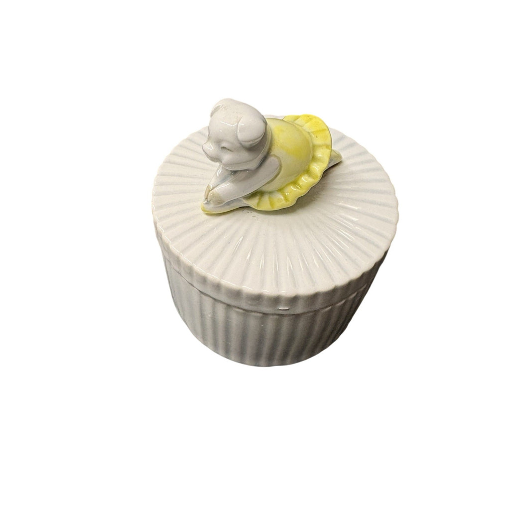 Fitz and Floyd Round Ceramic Trinket Box, White/Yellow, Removable Lid
