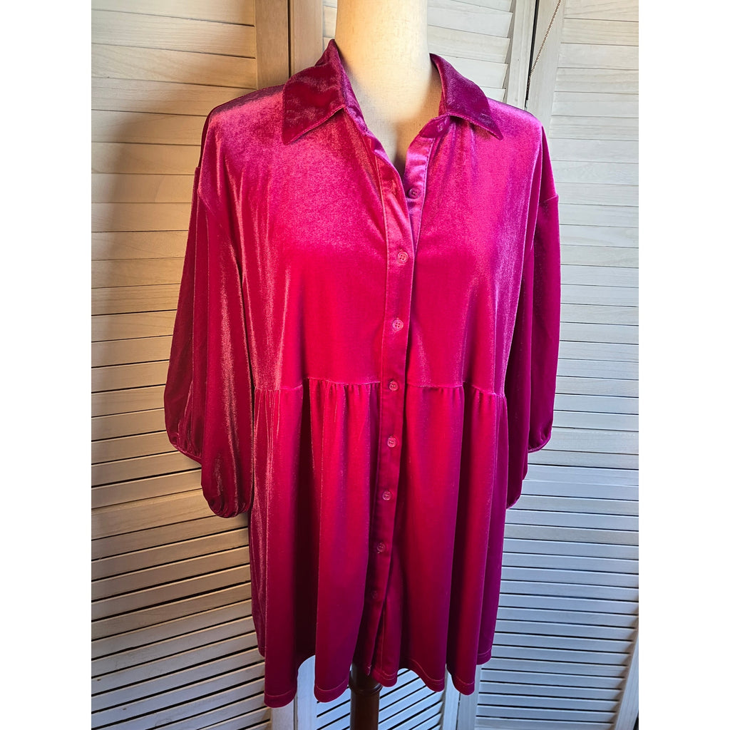 Pink Velour Button Up Blouse 3/4 length sleeves