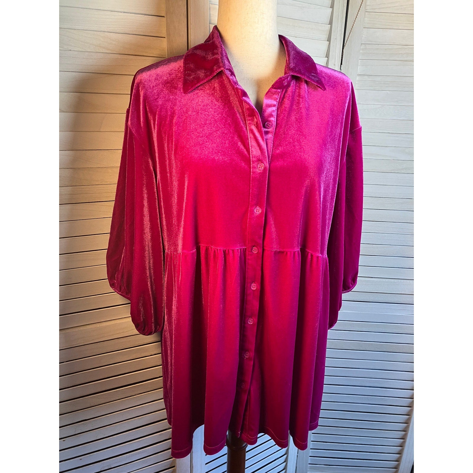 Pink Velour Button Up Blouse 3/4 length sleeves
