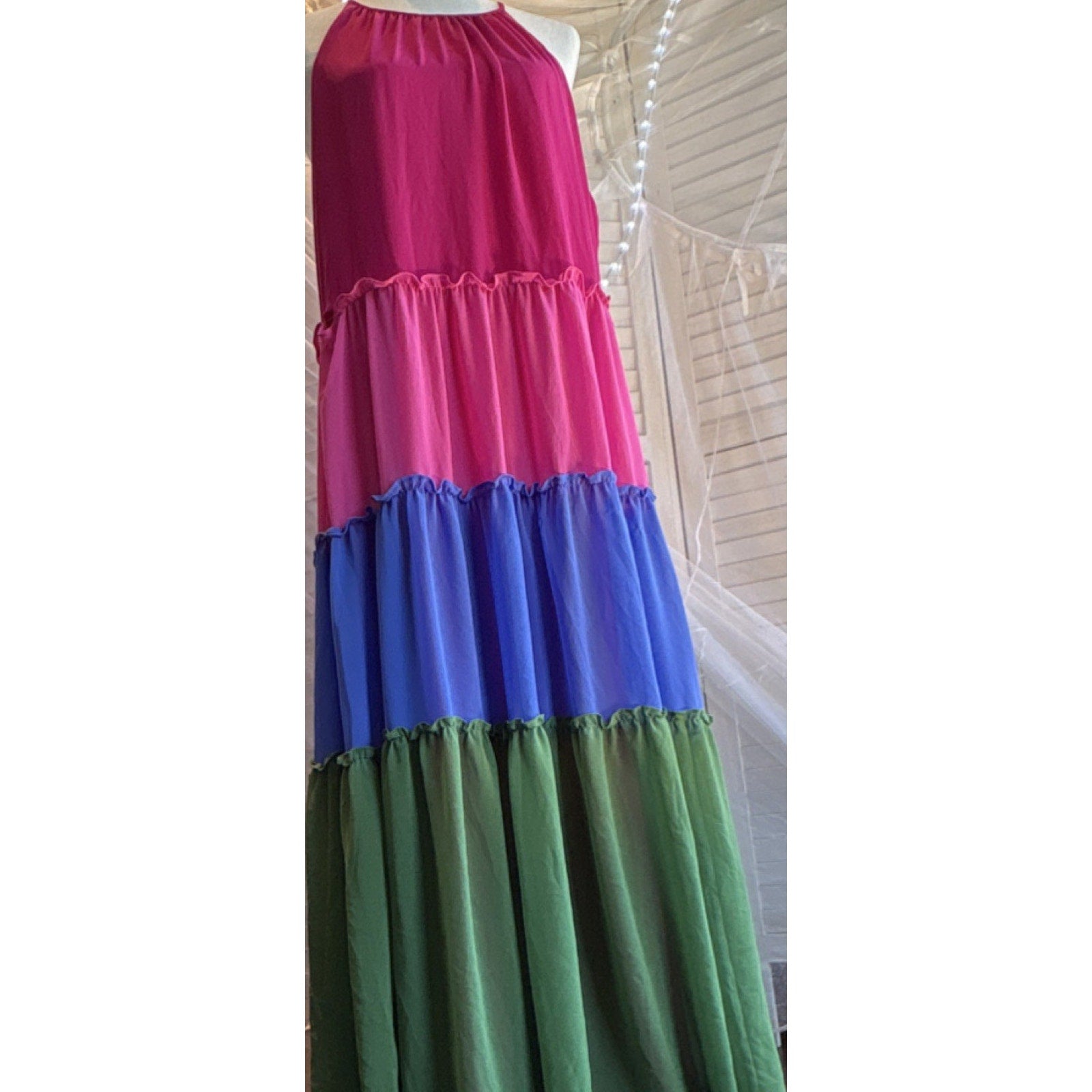 Chico's Maxi Dress Halter Colorblock Layered Pink Blue Green Sleeveless 3 (16)