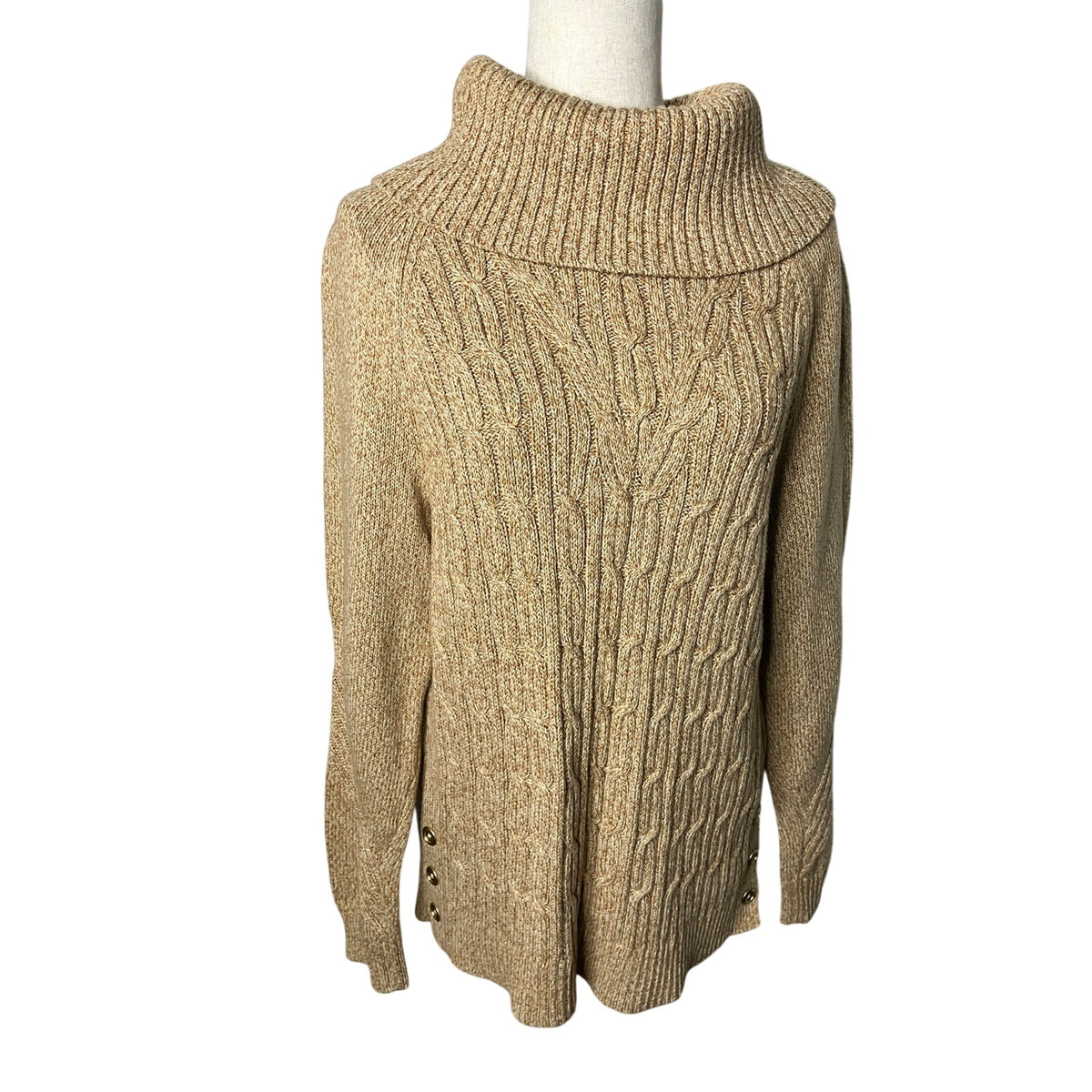 Talbots Women’s Large Cable Knit Cowl Neck Sweater Beige Oatmeal Button Detail