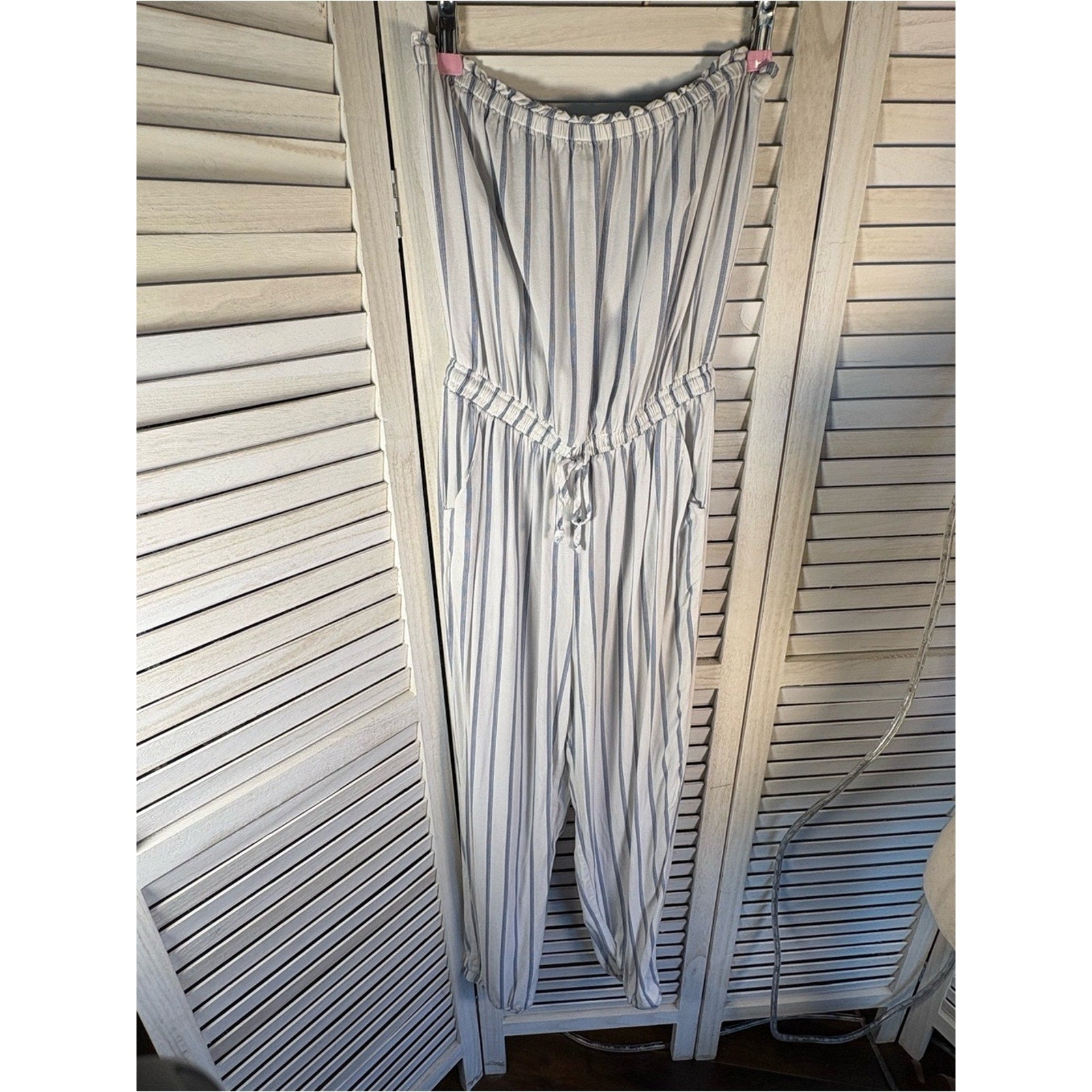 Striped White & Blue Strapless Jumpsuit with Drawstring Waist