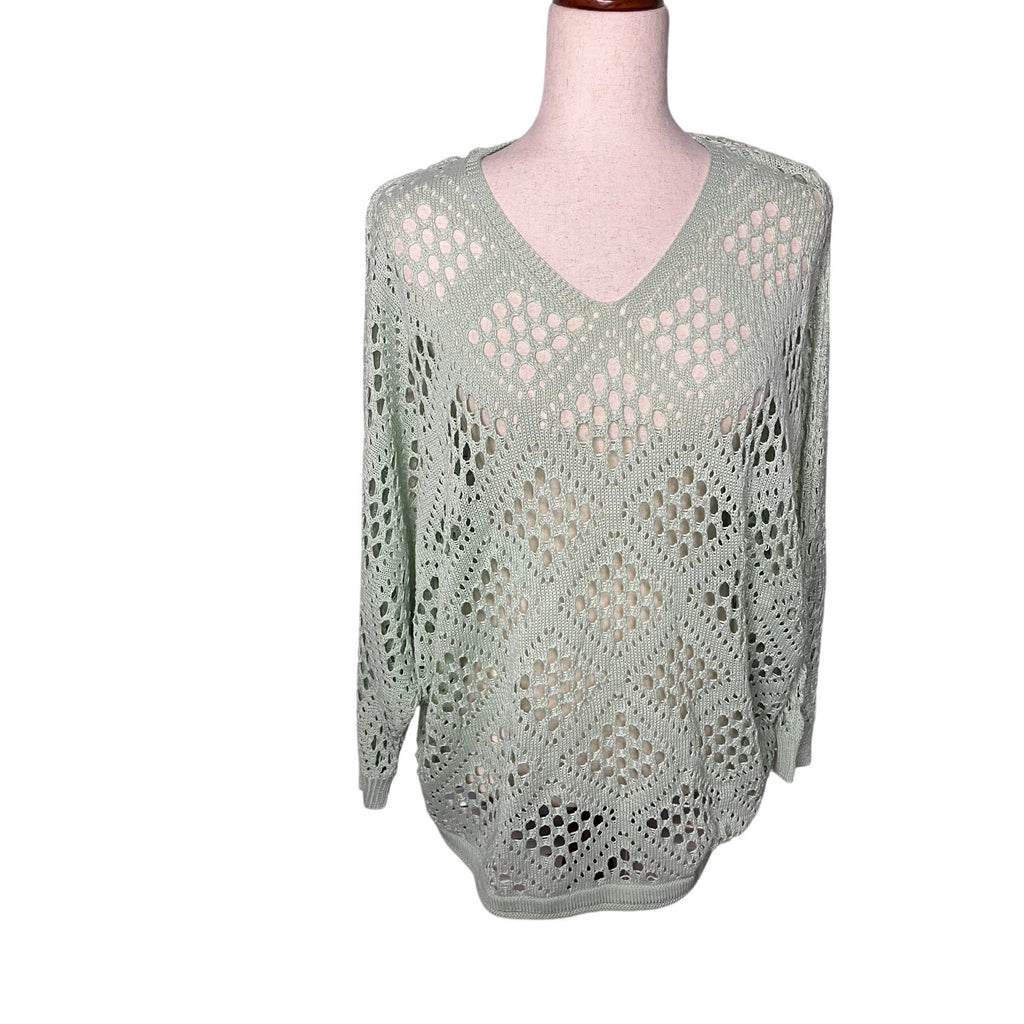 Women’s Medium Mint Green Open Knit Crochet V-Neck Sweater Boho Oversized