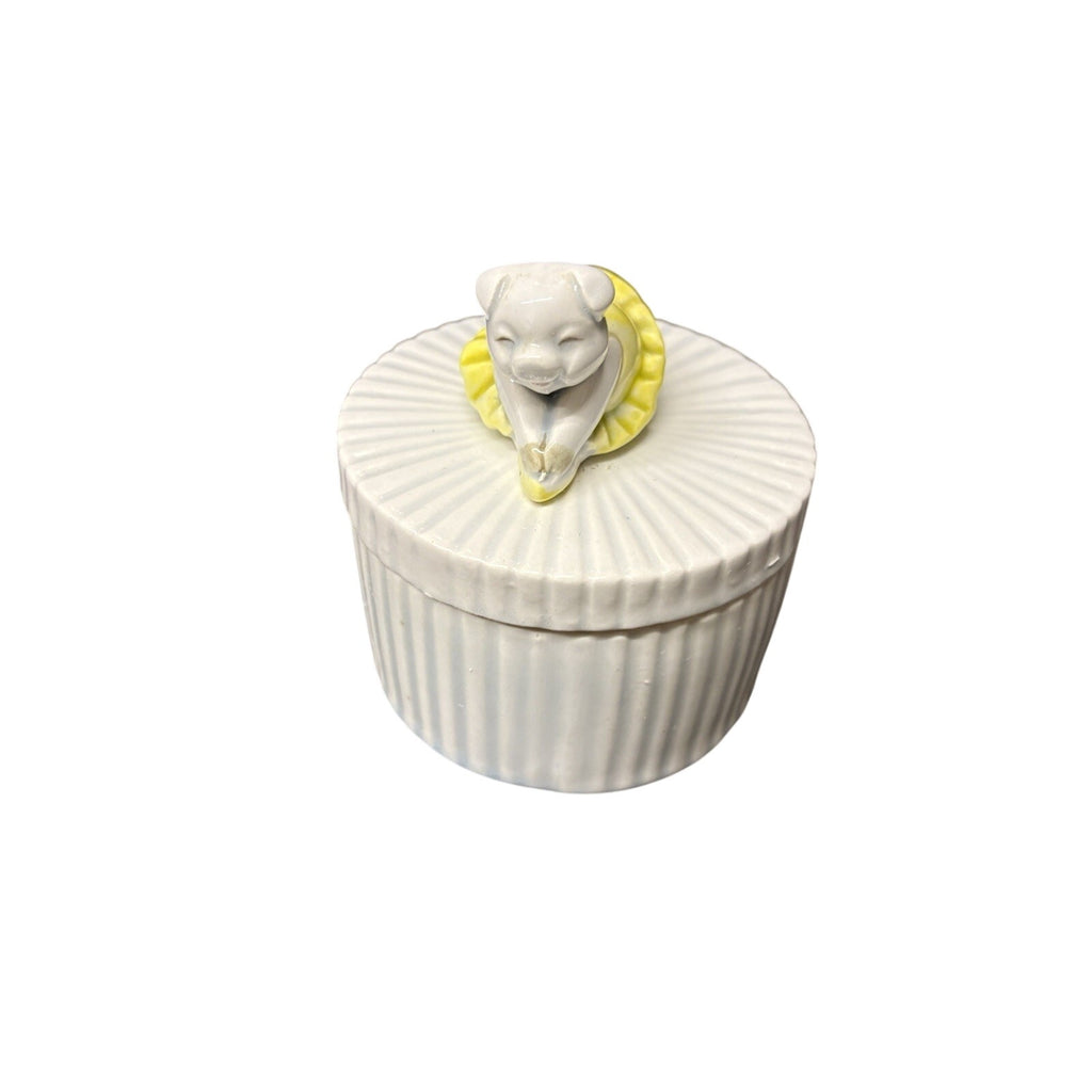 Fitz and Floyd Round Ceramic Trinket Box, White/Yellow, Removable Lid