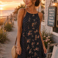 Wallflower Navy blue floral and polka dot rayon dress with gold accents