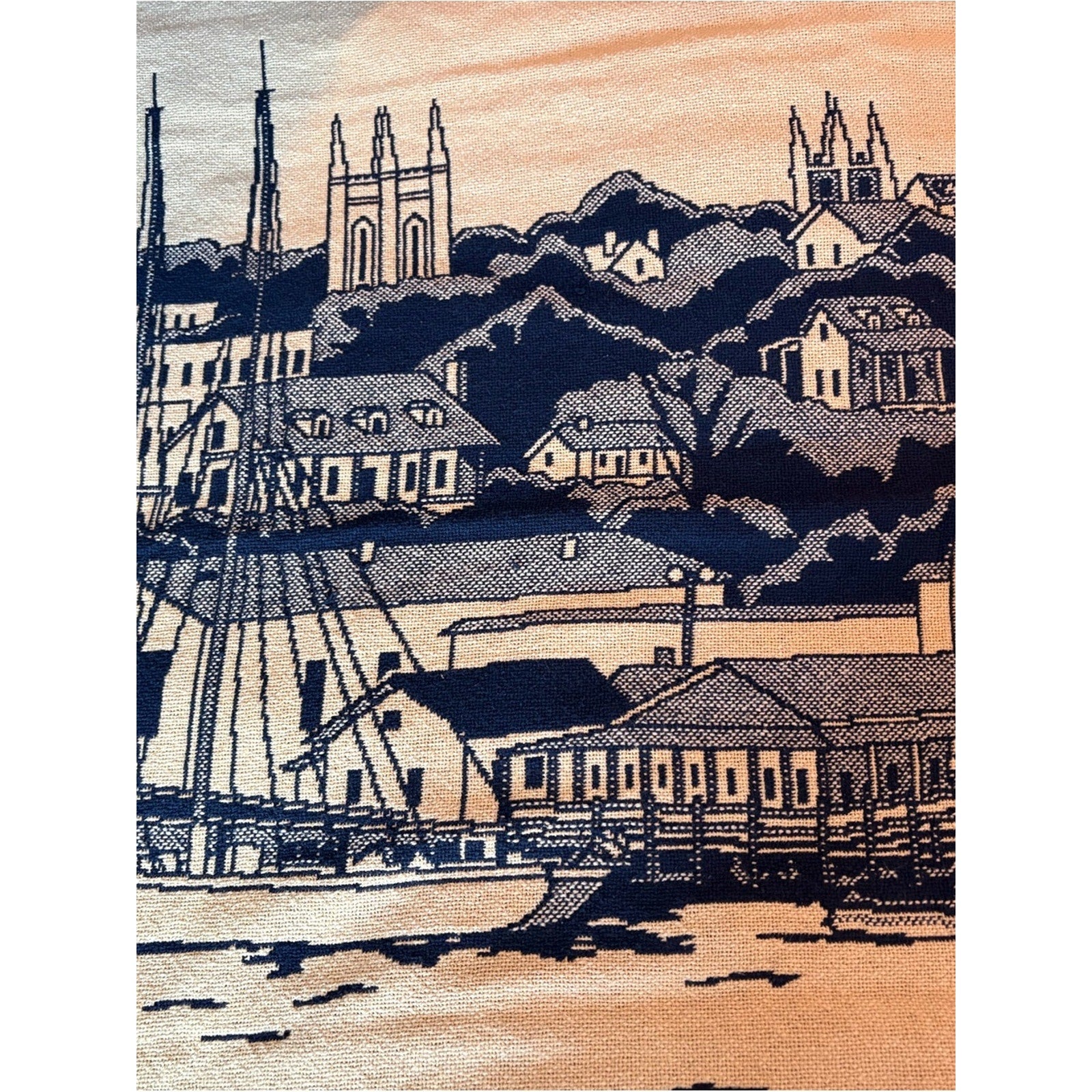 Vintage Navy and Cream Coastal Scene Woven Throw
