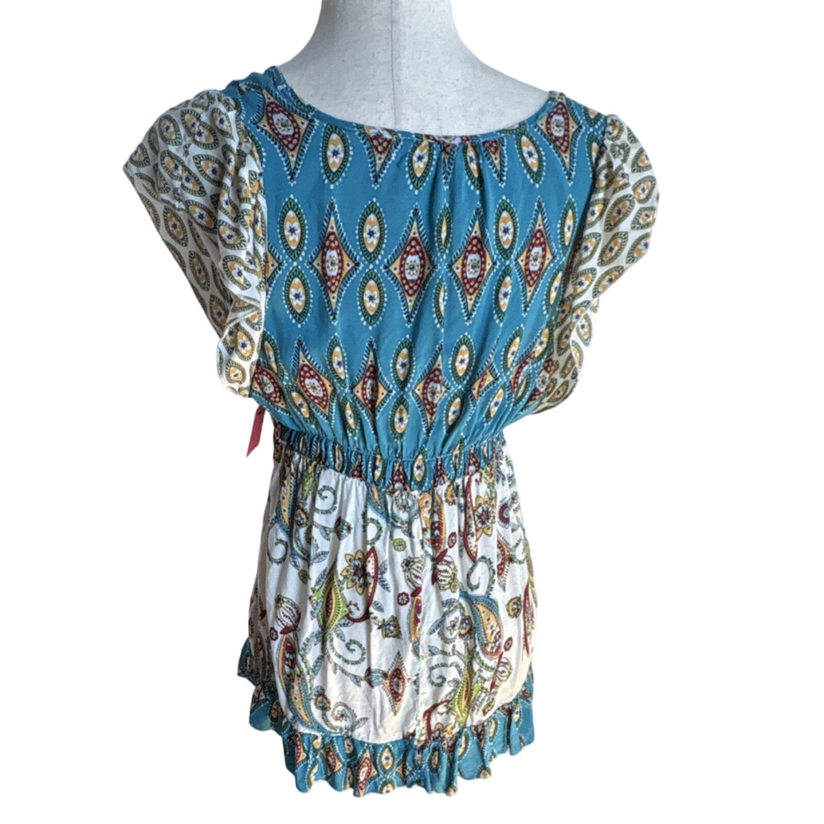 One World Live And Let Live Blue Paisley Embroidered Tunic Blouse Rayon M