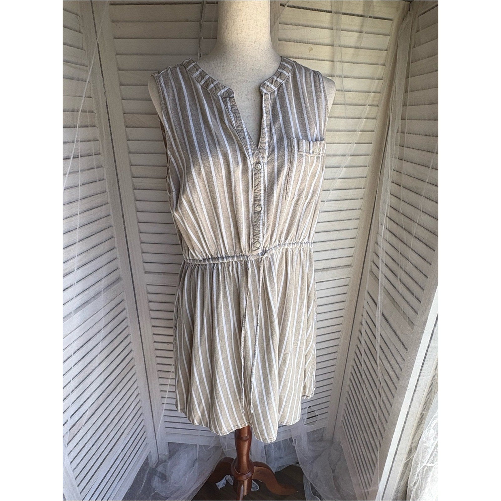 St. John's Bay Cream and White Striped Sleeveless Drawstring Dress