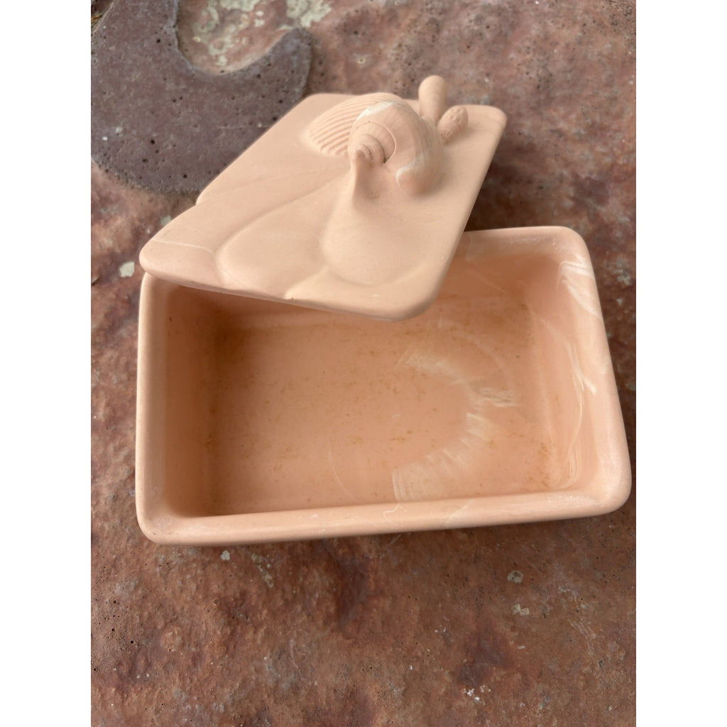 Vintage Dina Terracotta Trinket Box w/ Seashell Lid, Pink Seashell & Rope Lidded