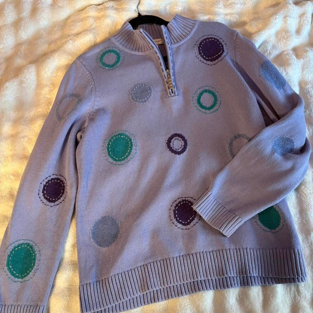 Christopher & Banks Purple and green polka dot sweater with zipper detail