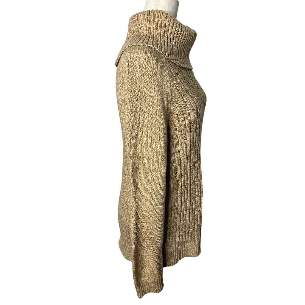 Talbots Women’s Large Cable Knit Cowl Neck Sweater Beige Oatmeal Button Detail