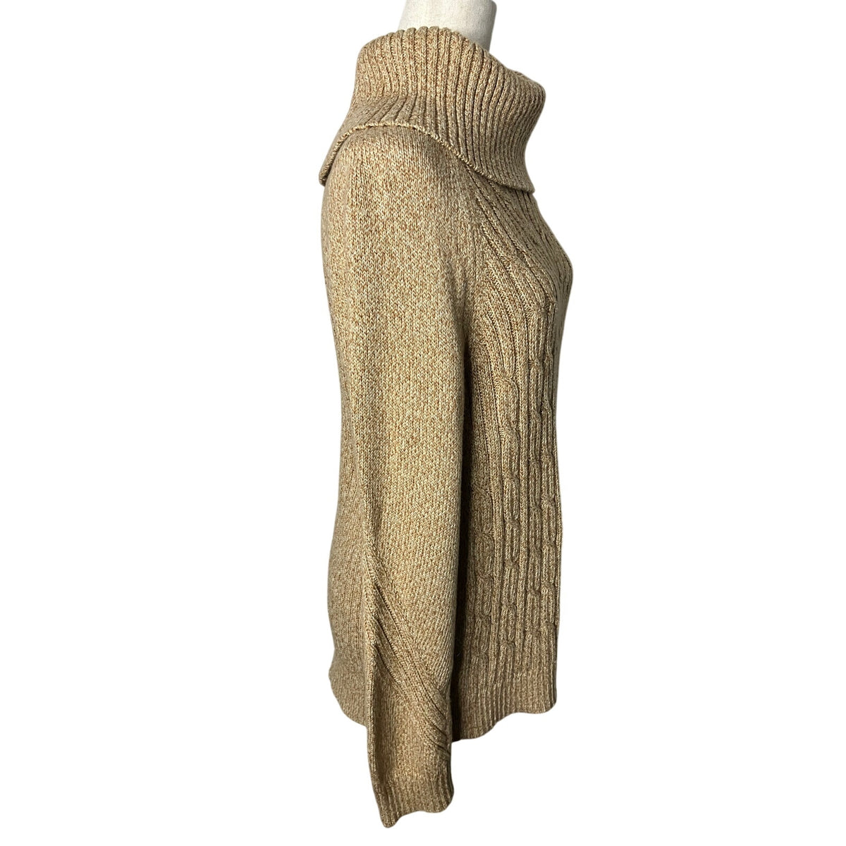 Talbots Women’s Large Cable Knit Cowl Neck Sweater Beige Oatmeal Button Detail