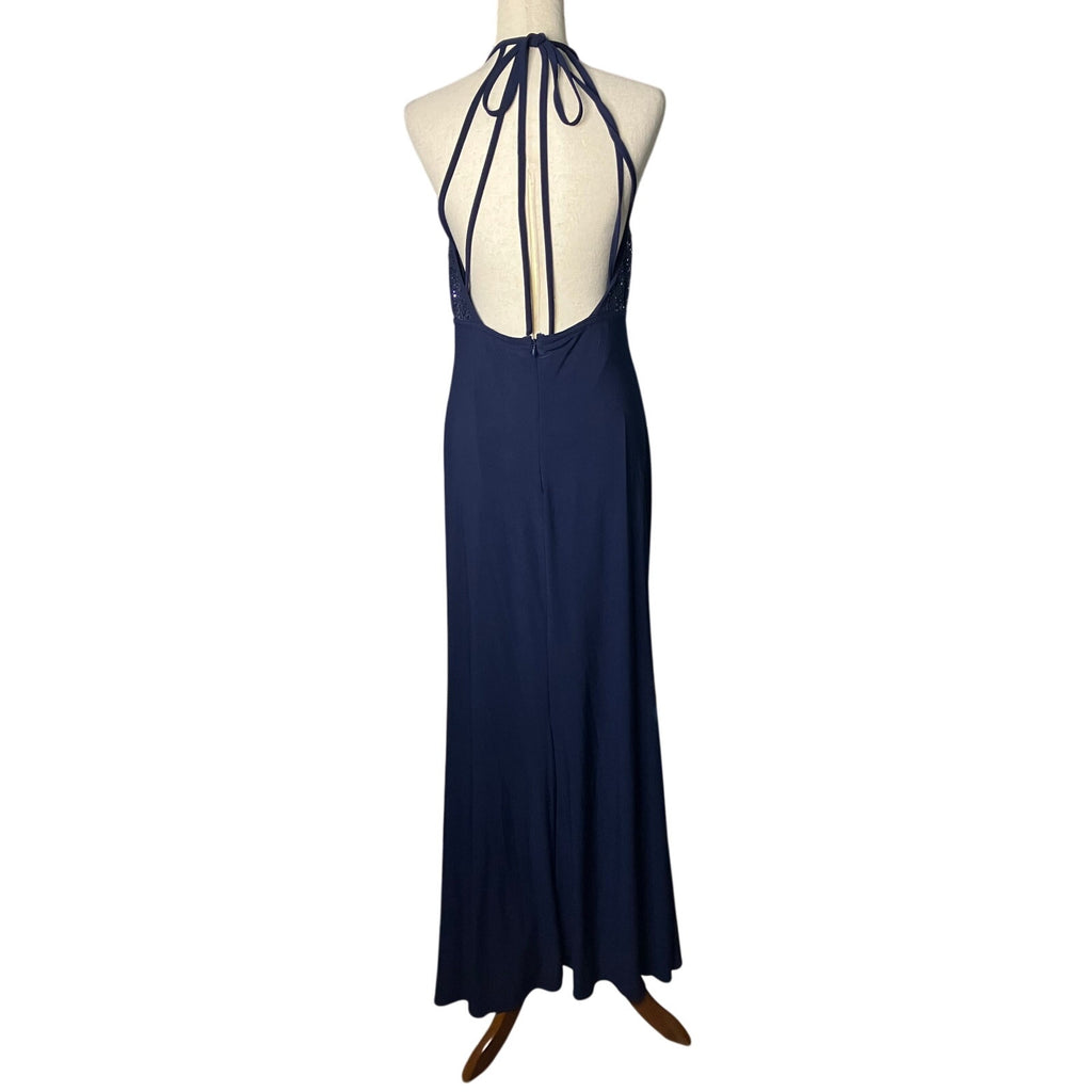 X by Xscape Navy Sequin Halter Keyhole Formal Maxi Gown Size 12