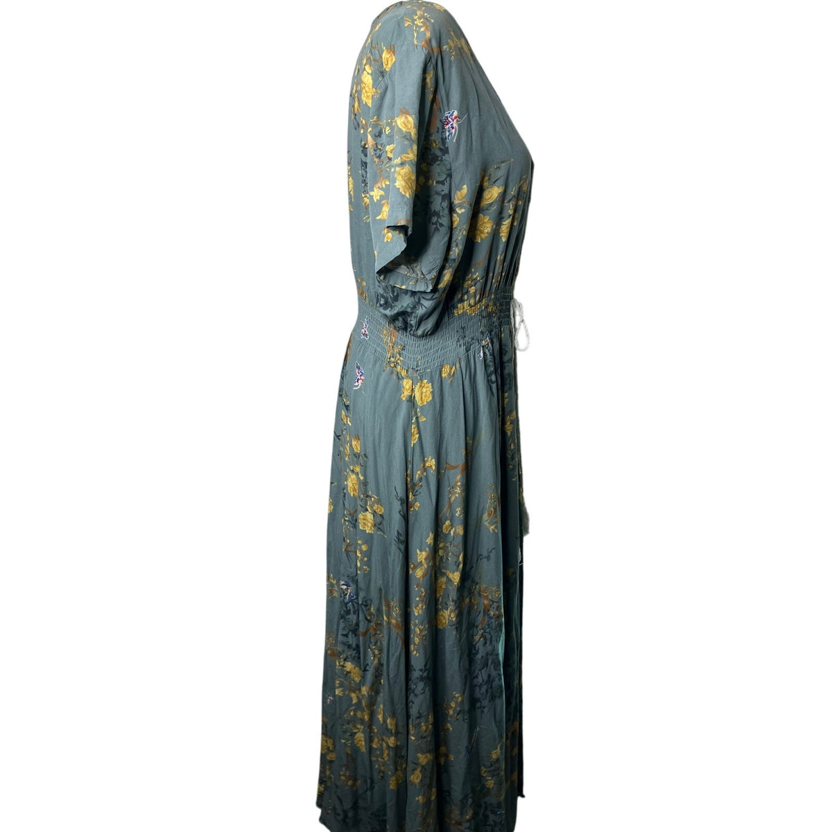 Gray Mustard Floral Button-Front Drawstring Maxi Dress Size XL