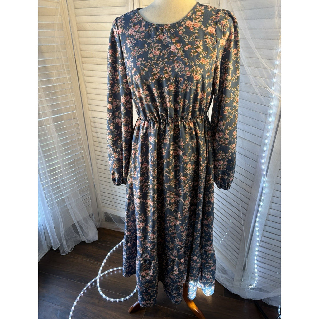 Women’s M Blue Pink Floral Woven Midi Dress Long Sleeve Round Neck Elastic