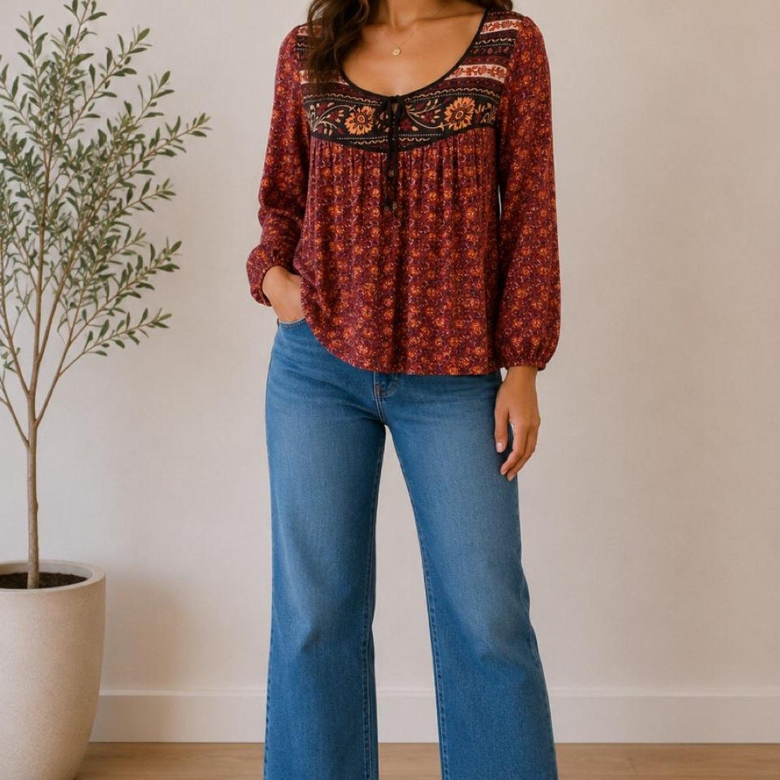 Brown & red floral print blouse with tie front detail