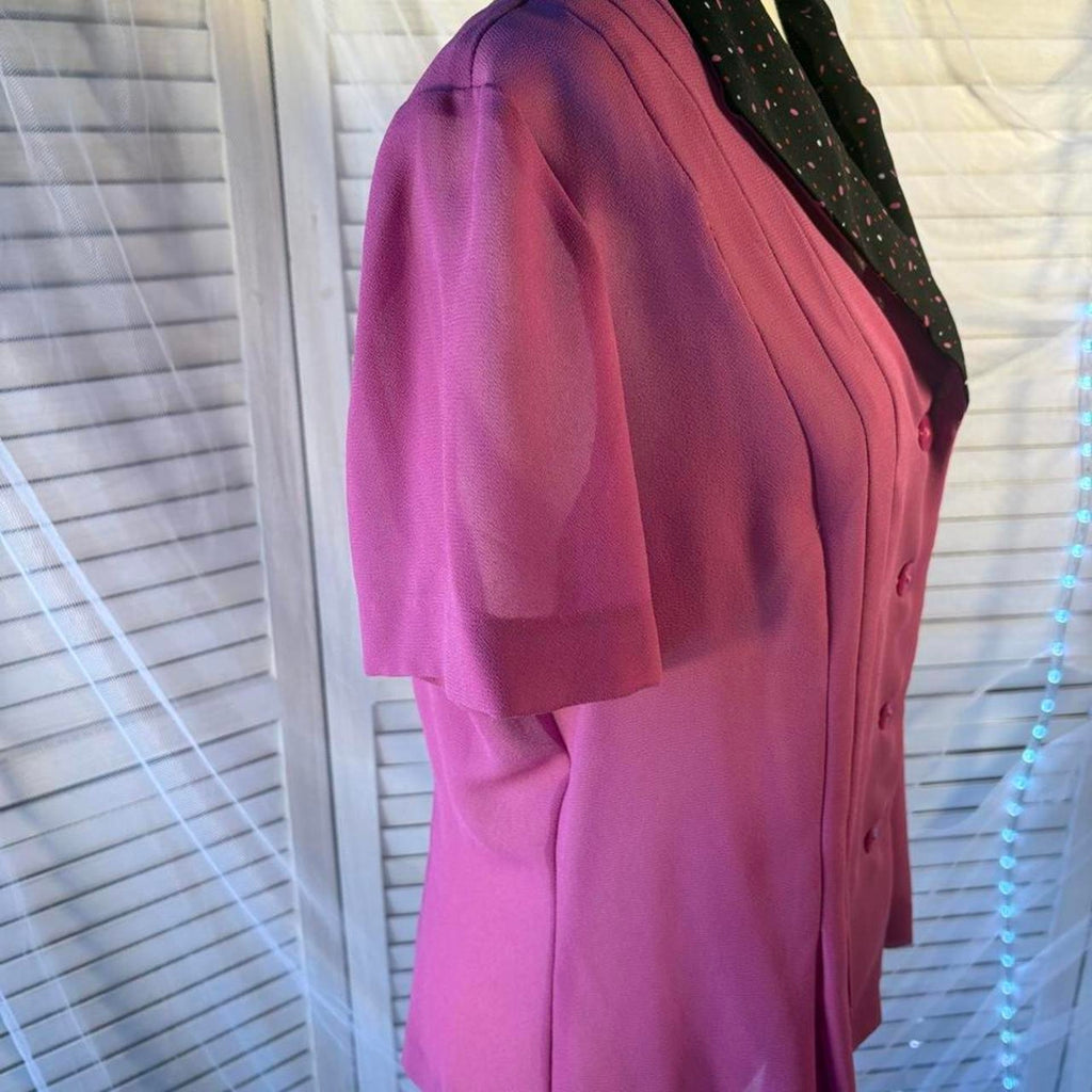 Vintage Danny & Nicole Pink sheer button up blouse black collar pink polka dots