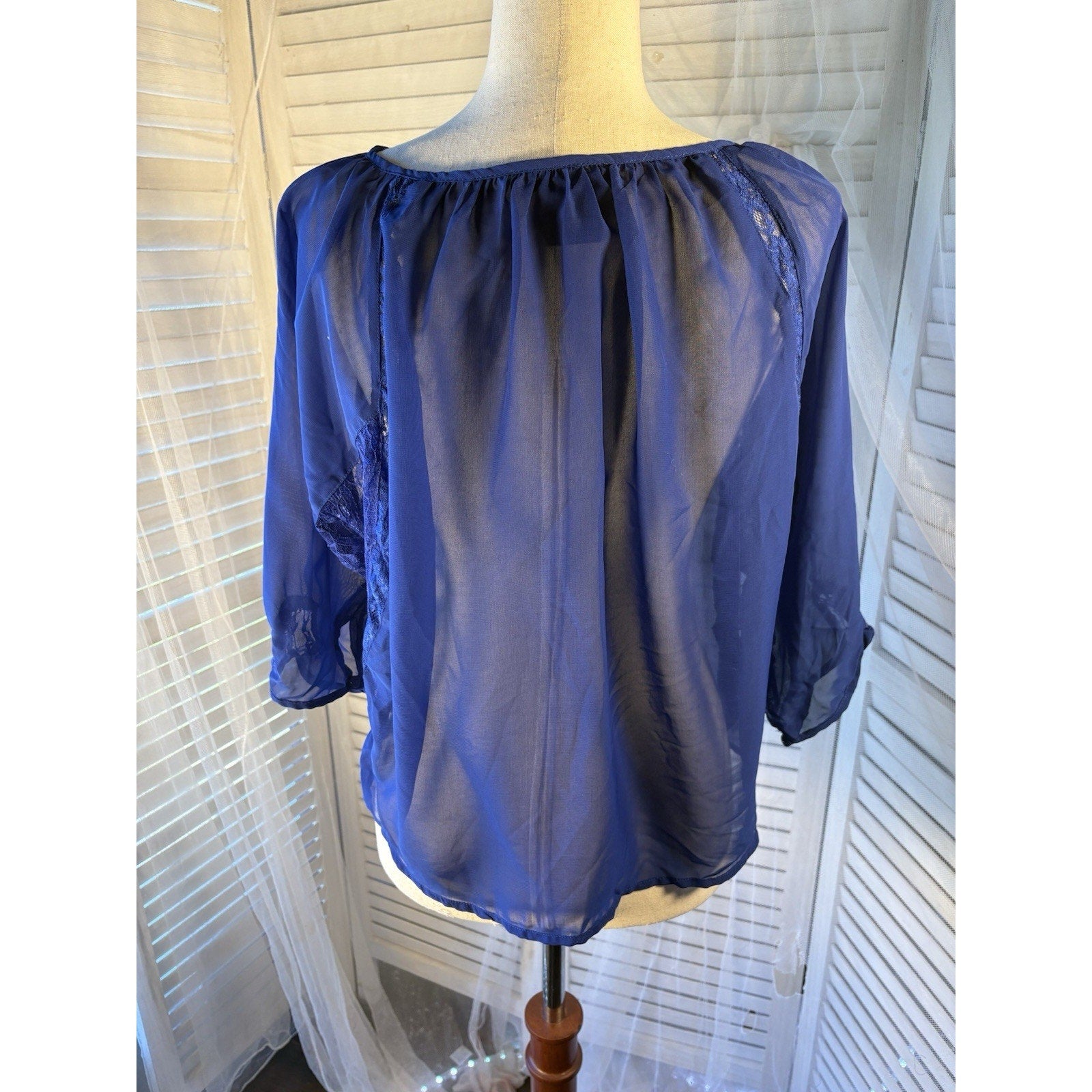 Cotton Express Sheer Chiffon Lace Button-Front Blouse Blue Scoop Neck 3/4 M
